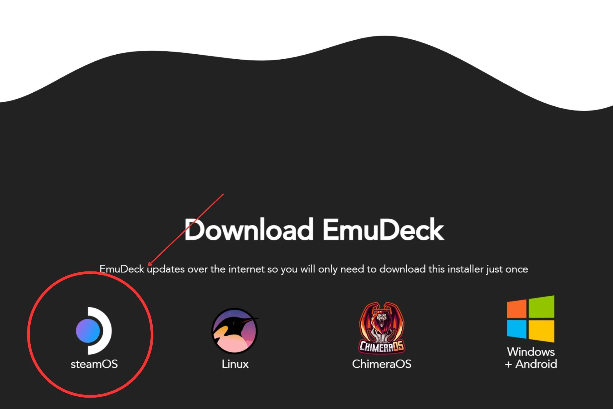 Giao diện tùy chọn tải EmuDeck phiên bản SteamOS từ website chính thức.