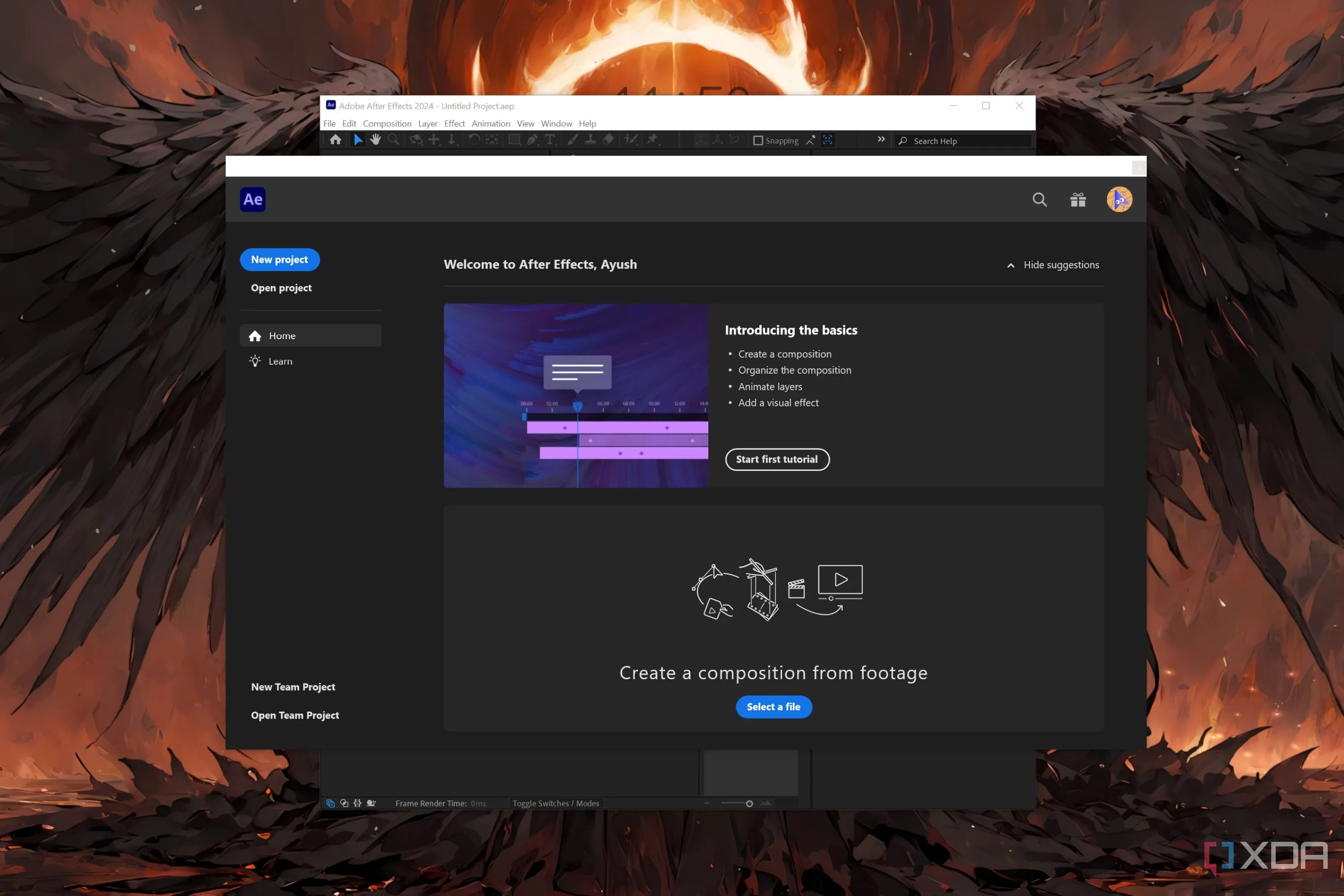 Giao diện ứng dụng Adobe After Effects chuyên về đồ họa chuyển động 2D