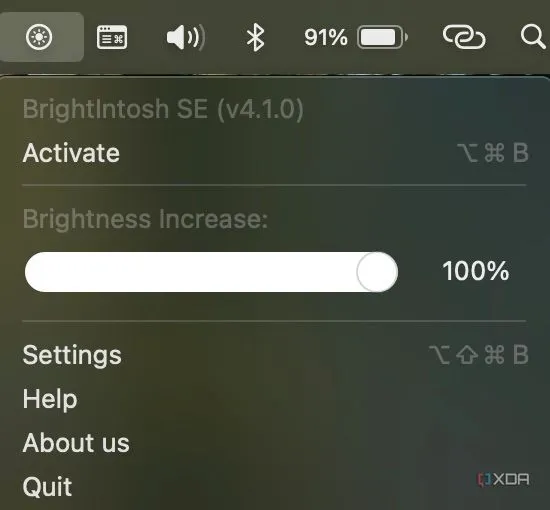 Giao diện ứng dụng Brightintosh với nút &quot;Activate&quot; để kích hoạt chế độ tăng độ sáng MacBook Pro