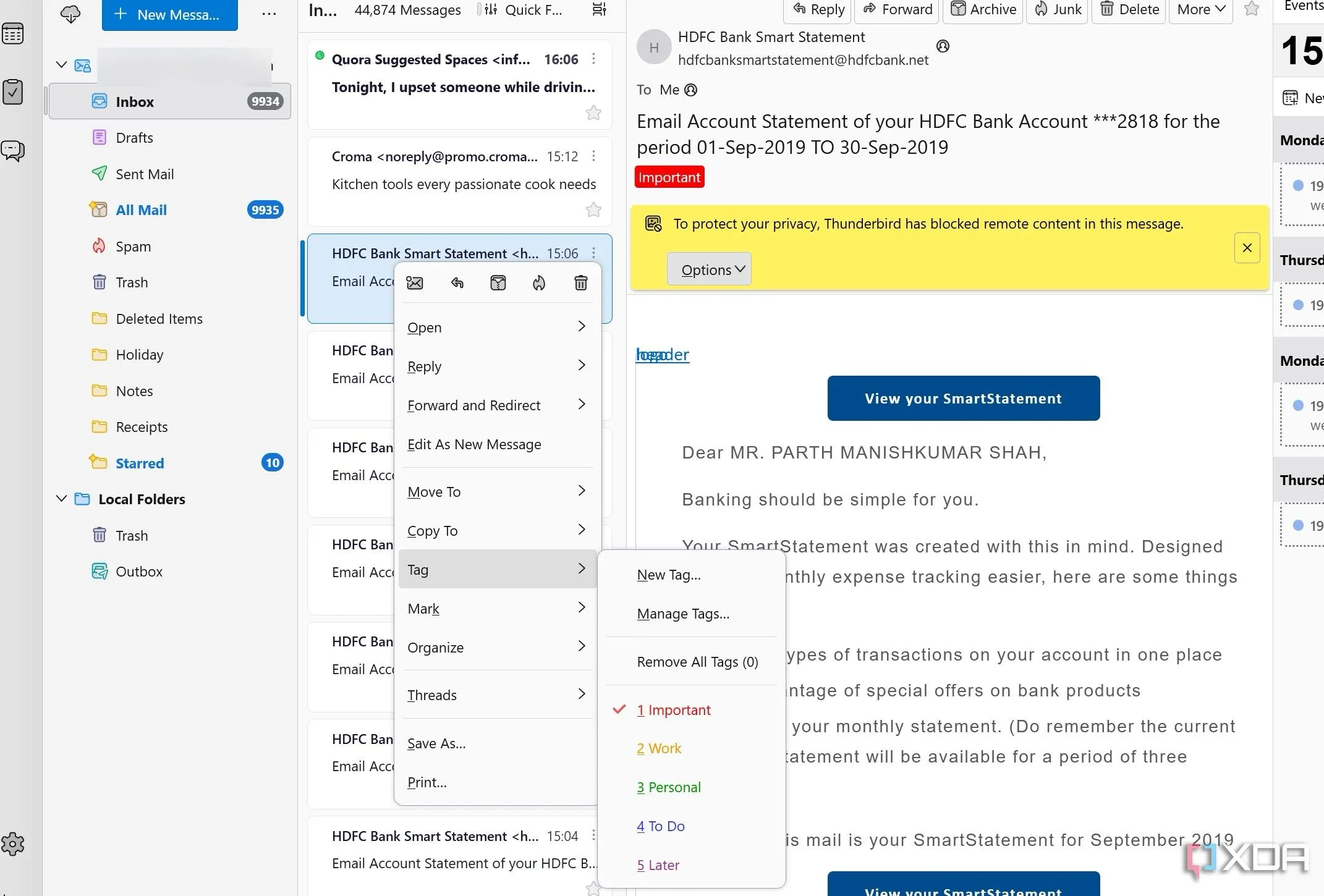 Giao diện ứng dụng email Thunderbird với các thẻ và thư mục được sắp xếp