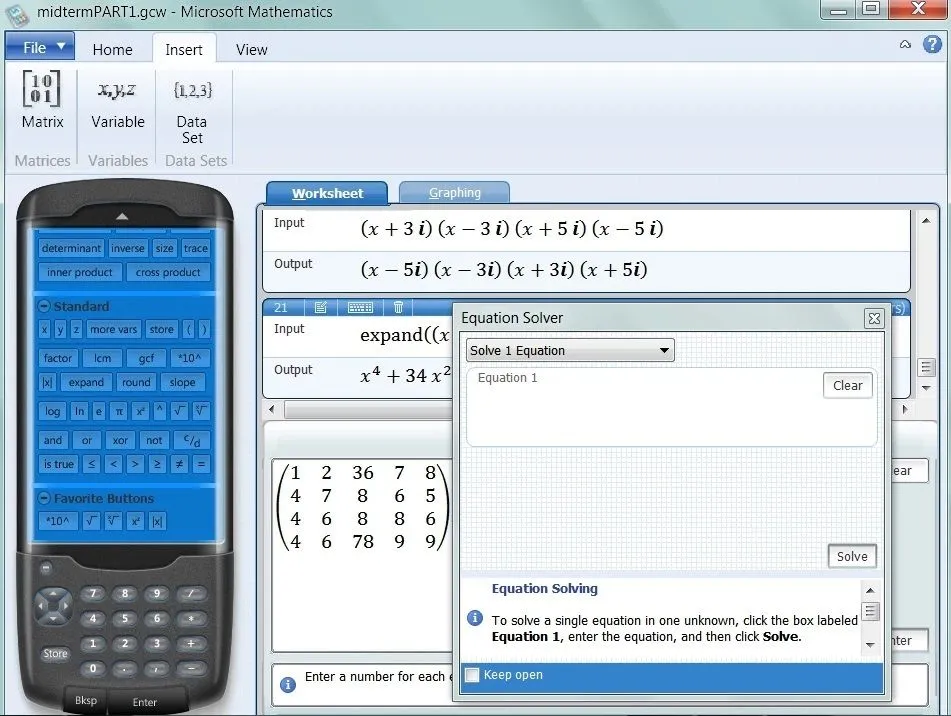 Giao diện ứng dụng Microsoft Mathematics với bàn phím máy tính đồ thị và khu vực tính toán.
