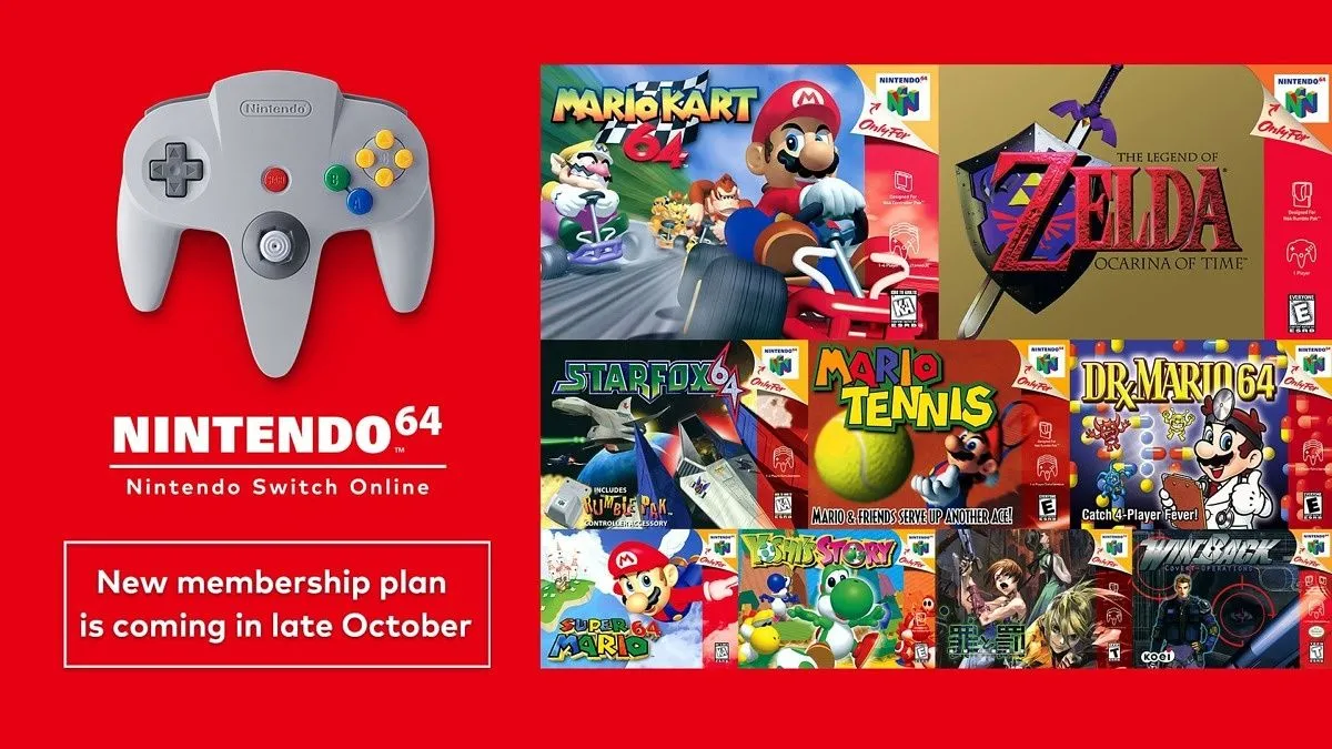 Giao diện ứng dụng Nintendo 64 – Nintendo Classics trên màn hình Switch, hiển thị các tựa game huyền thoại và tính năng mới như CRT filter.
