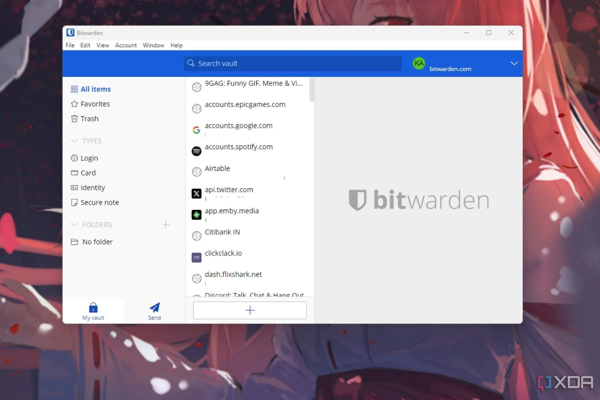 Giao diện ứng dụng quản lý mật khẩu Bitwarden trên máy tính chạy Windows