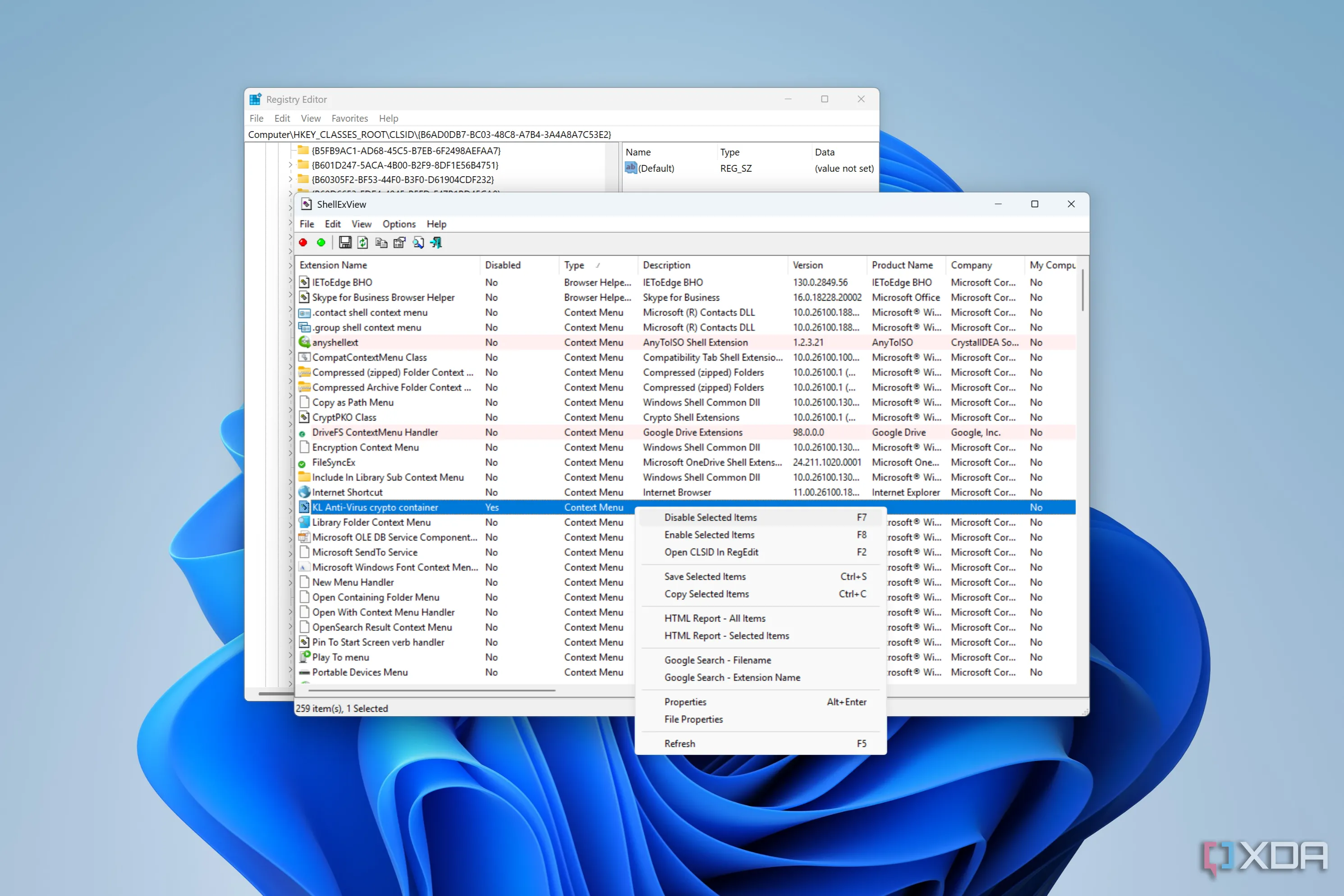 Giao diện ứng dụng ShellExView hiển thị menu ngữ cảnh với các tùy chọn quản lý mục
