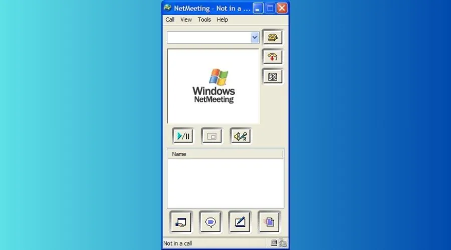 Giao diện ứng dụng Windows NetMeeting với các tùy chọn gọi điện và chia sẻ.