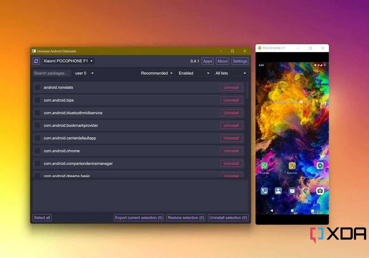 Giao diện Universal Android Debloater hiển thị danh sách bloatware, minh họa việc loại bỏ phần mềm không cần thiết.