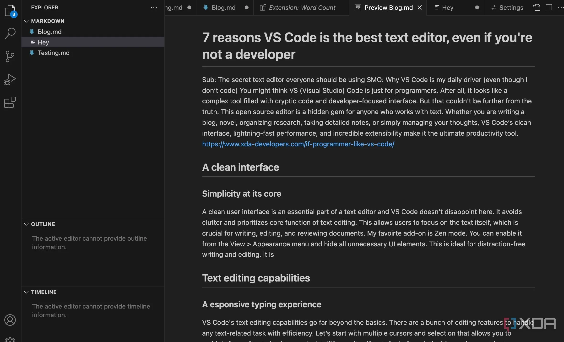 Giao diện VS Code với tính năng hỗ trợ Markdown, hiển thị cú pháp và chế độ xem trước