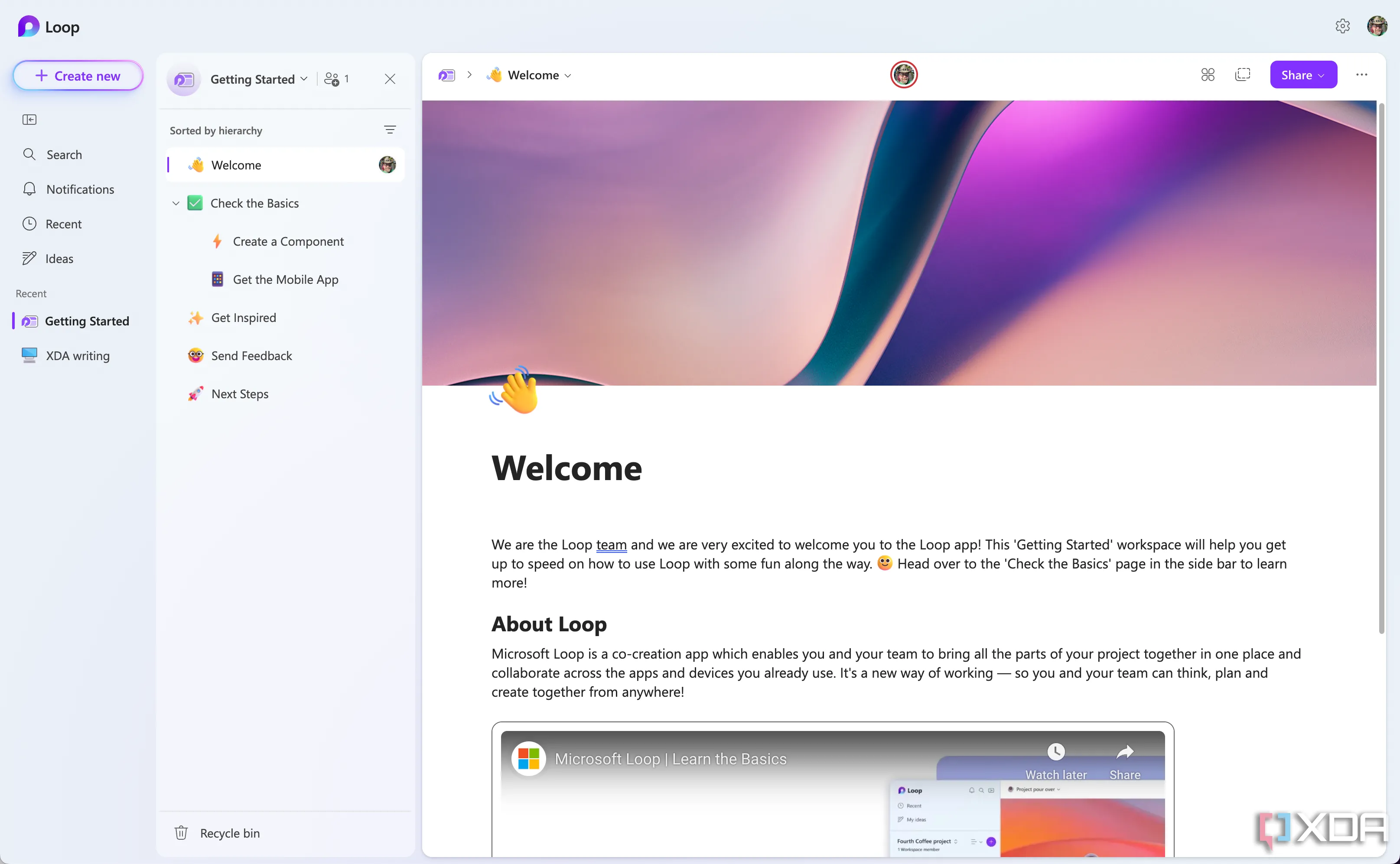 Giao diện web của Microsoft Loop, nơi thiếu tính năng nhắc nhở tích hợp