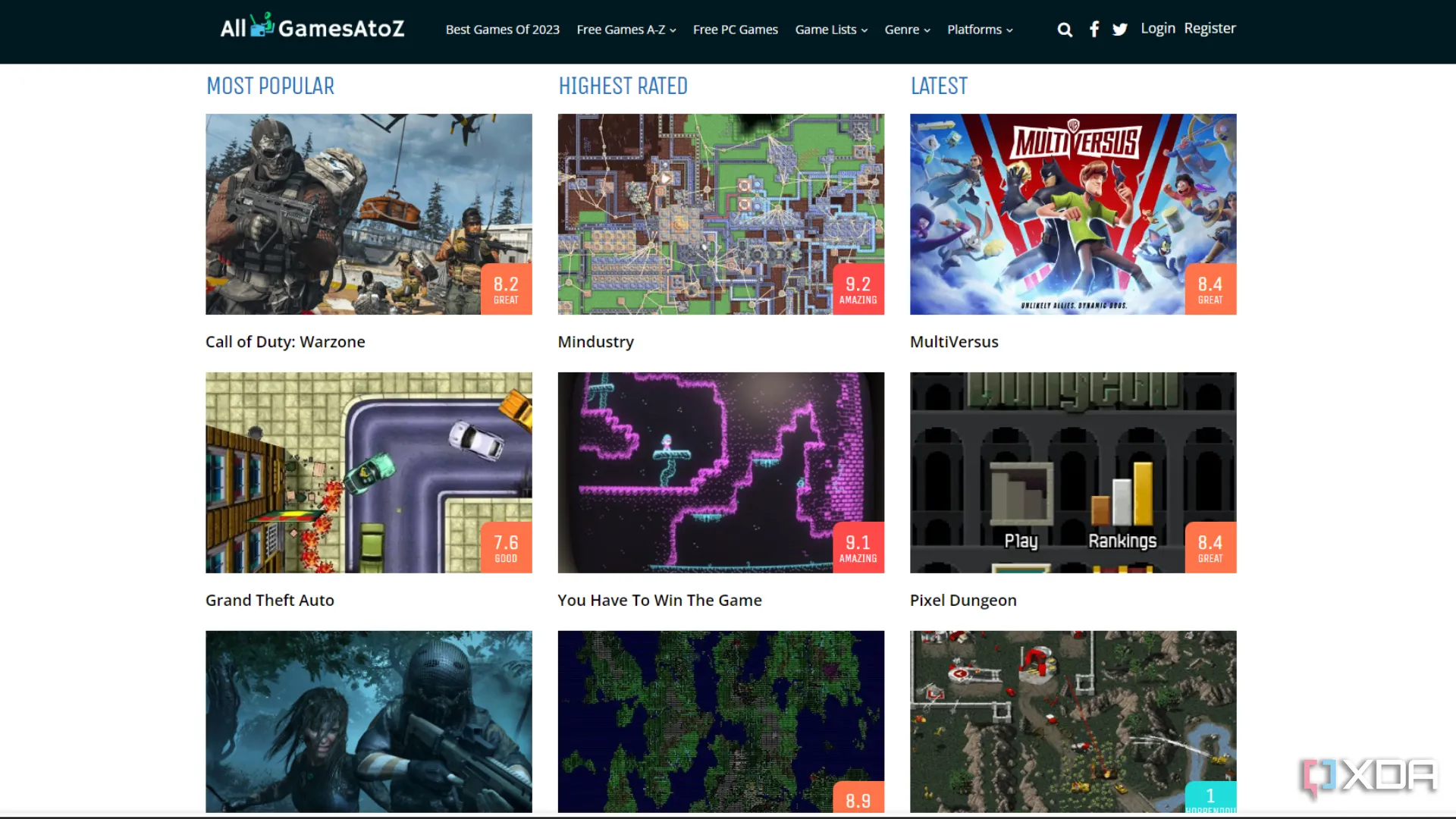 Giao diện website AllGamesAtoZ hiển thị danh sách các tựa game miễn phí