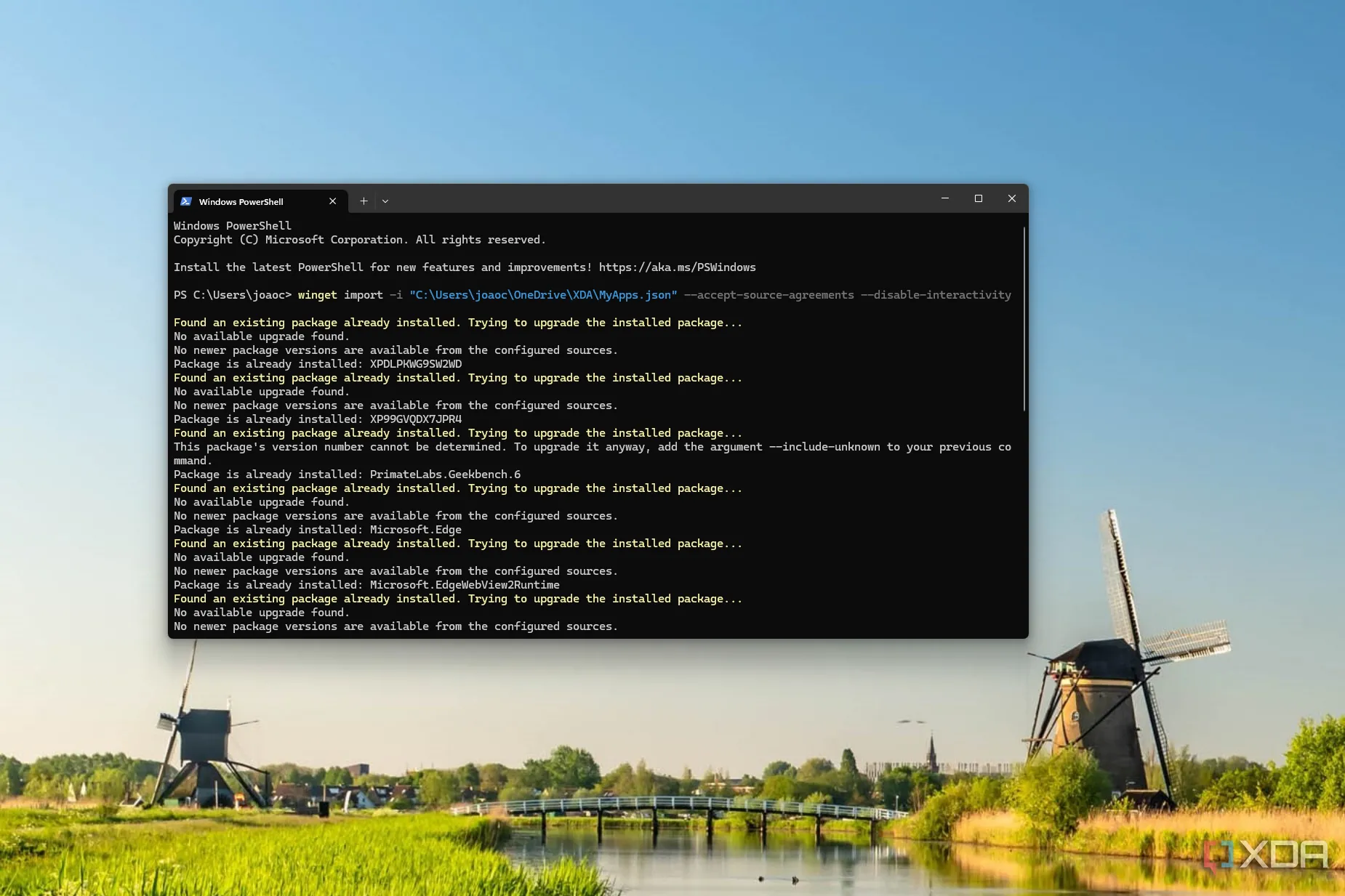 Giao diện Windows Terminal thực hiện cài đặt ứng dụng từ tệp sao lưu bằng Winget