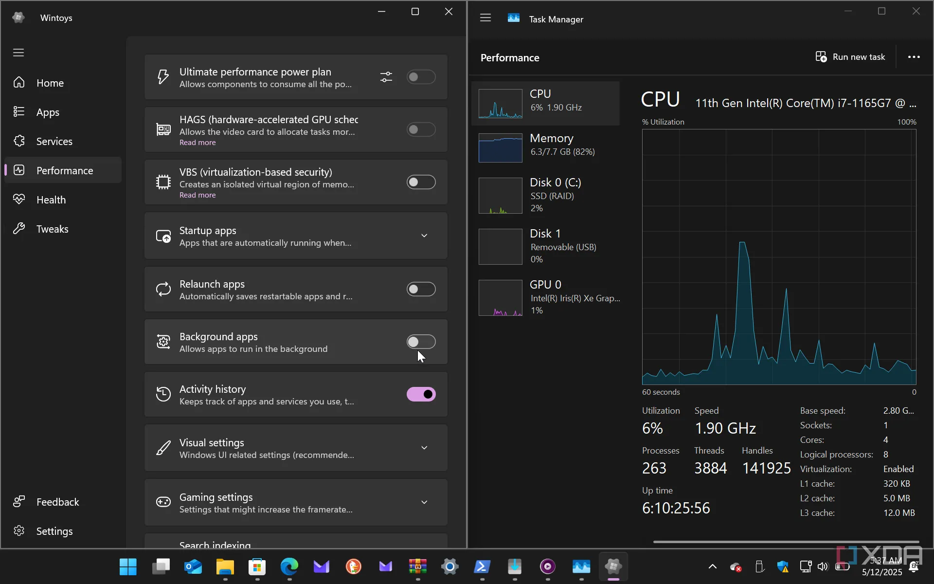 Giao diện Wintoys và Trình quản lý tác vụ (Task Manager) trên Windows 11 hiển thị mức tiêu thụ tài nguyên thấp