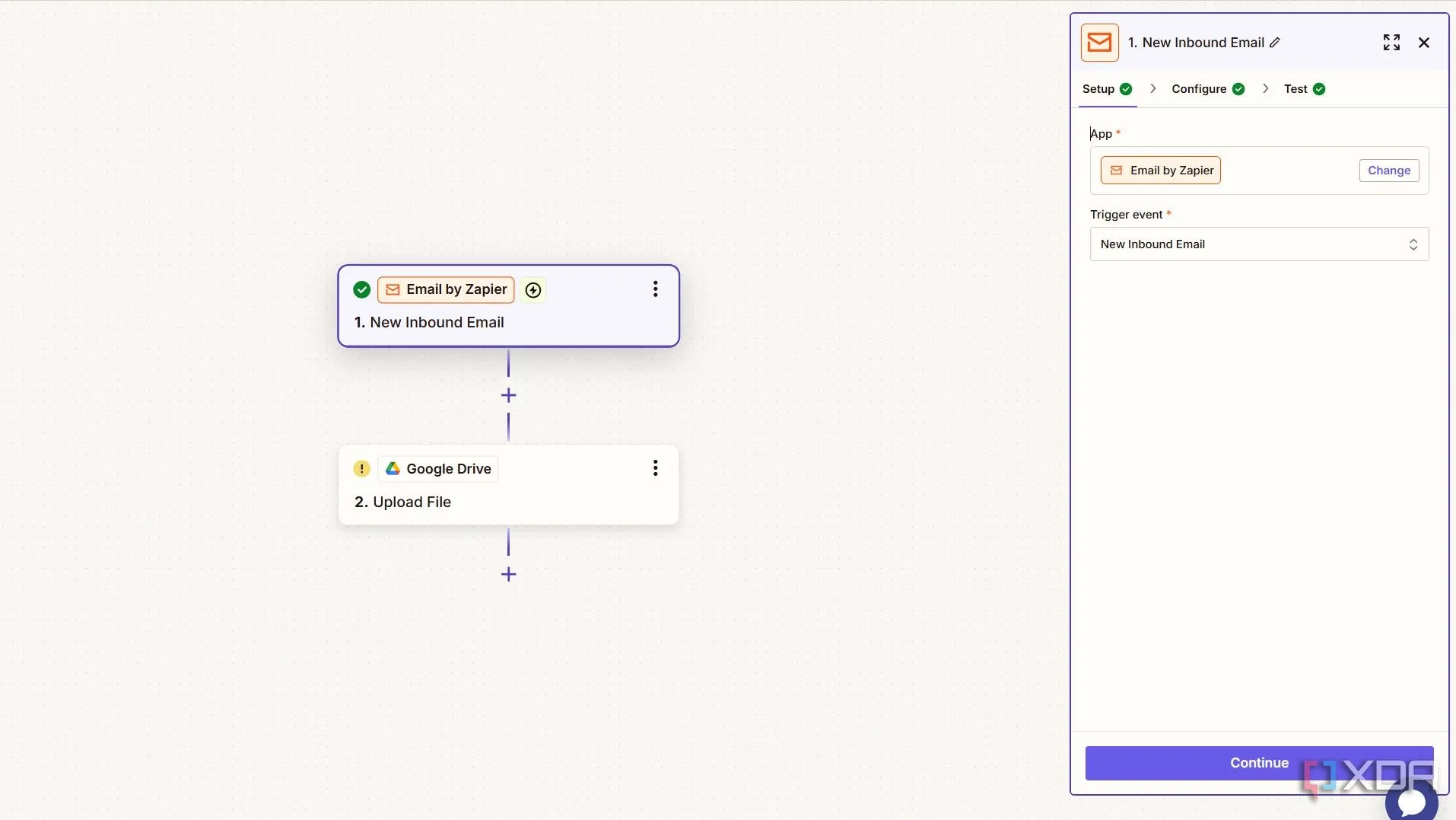 Giao diện Zapier thiết lập kích hoạt (trigger) cho email đến mới để tự động hóa.