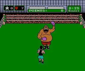 Góc nhìn từ sàn đấu trong Mike Tyson's Punch-Out!, tập trung vào đối thủ Piston Honda