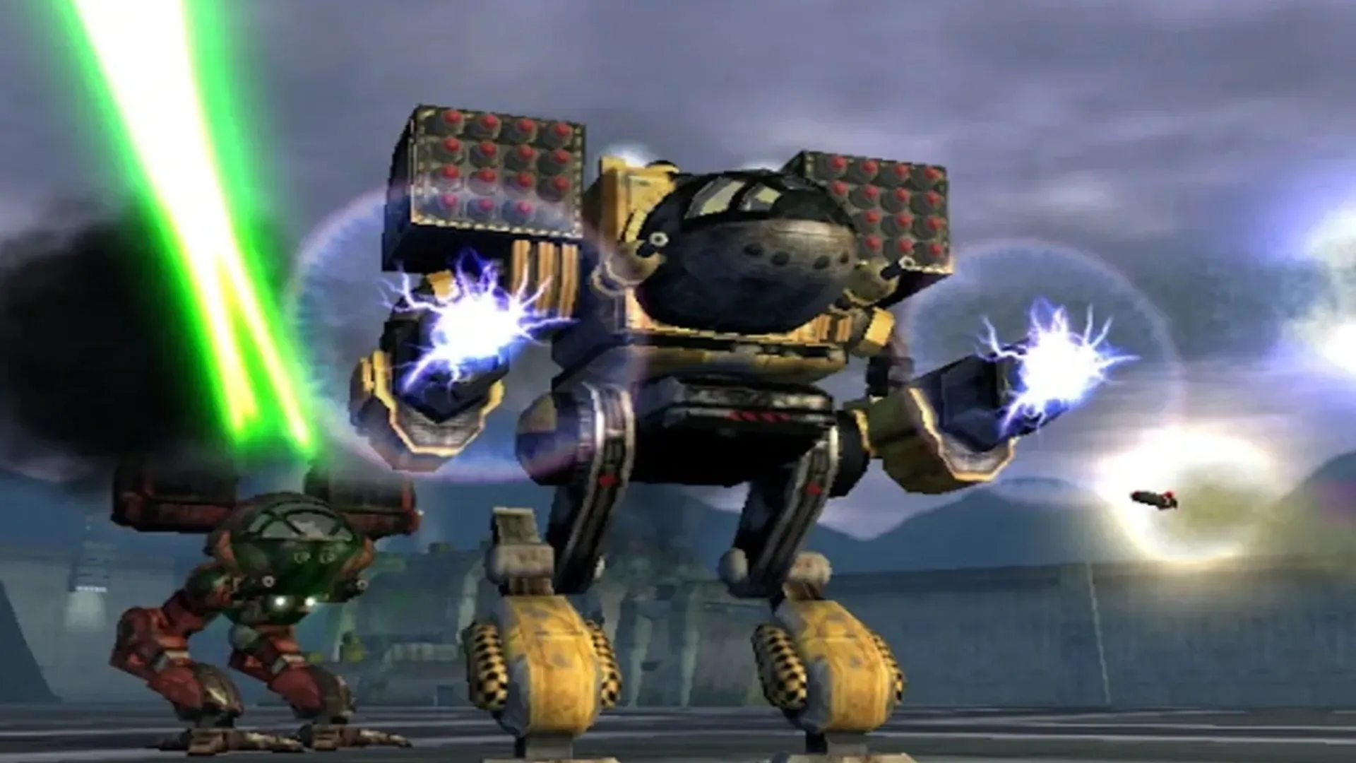 Hai mech khổng lồ đang giao chiến và bắn vũ khí trong game MechAssault