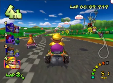 Hai nhân vật trong Mario Kart Double Dash thực hiện kỹ năng trượt tấn công trên đường đua