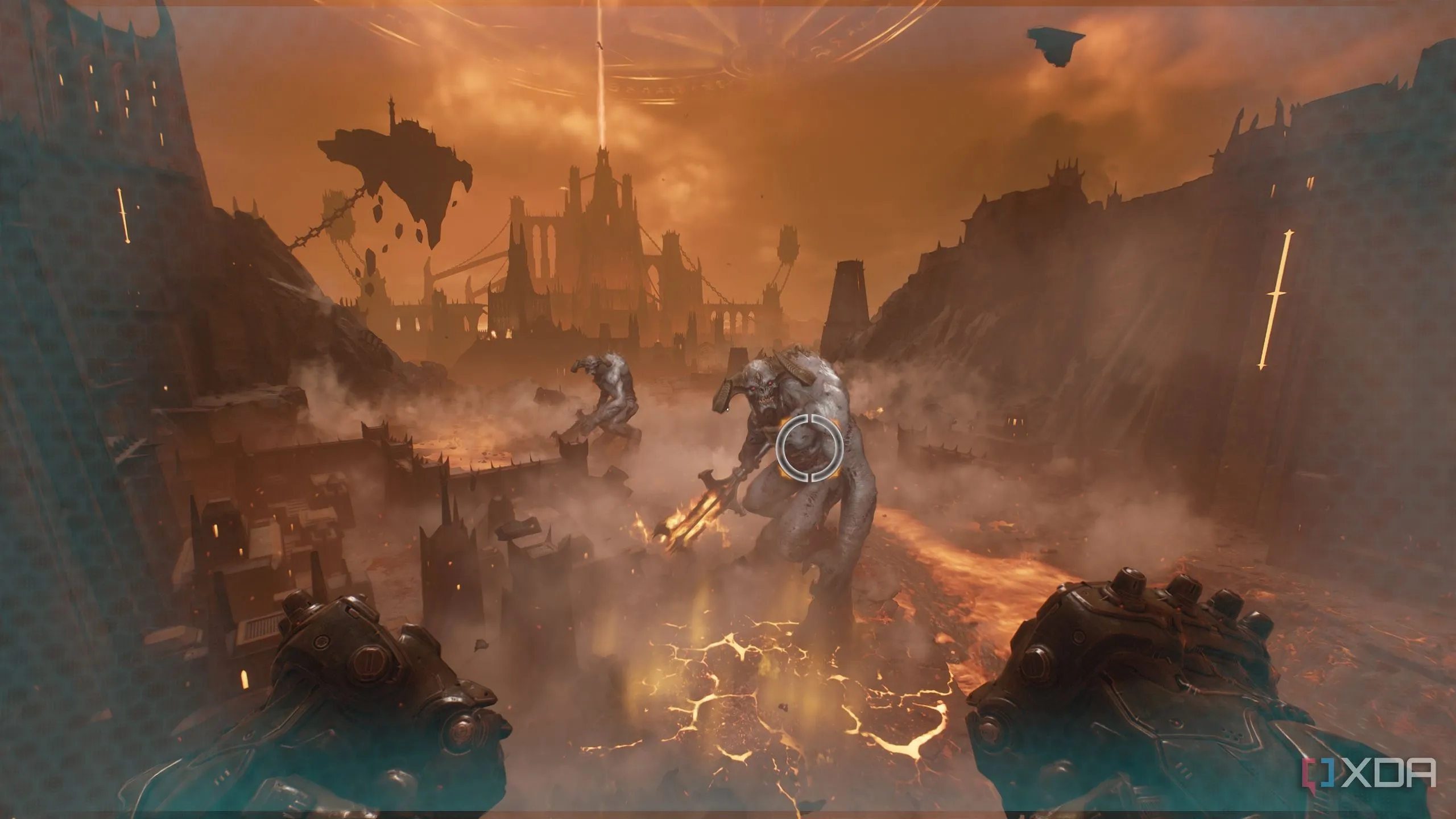 Hai Titan xếp thẳng hàng trong Doom: The Dark Ages, lý tưởng để thực hiện thử thách Stomp (Crushinator)