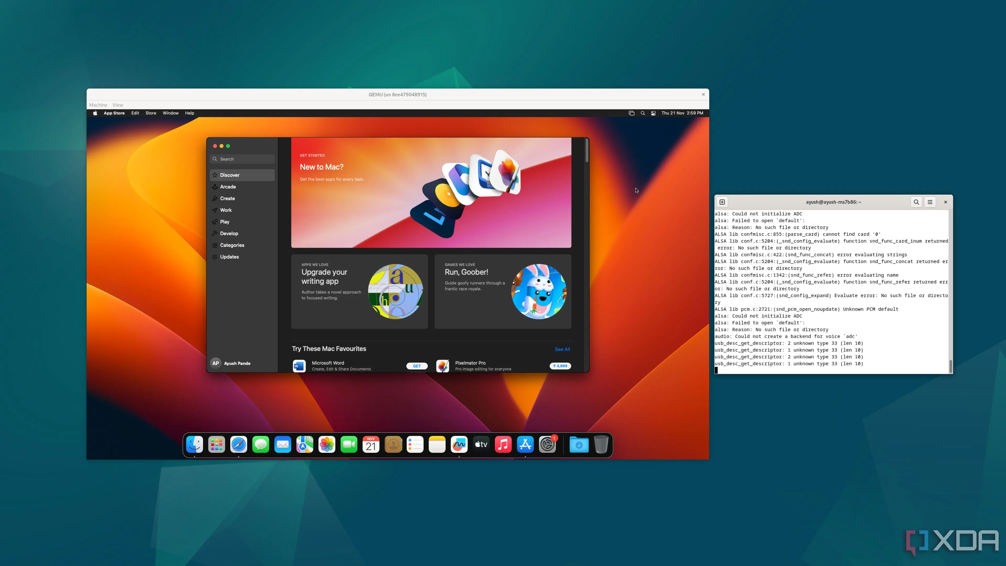 Hệ điều hành macOS đang chạy bên trong một Docker container, minh họa khả năng cô lập mạnh mẽ của Docker.