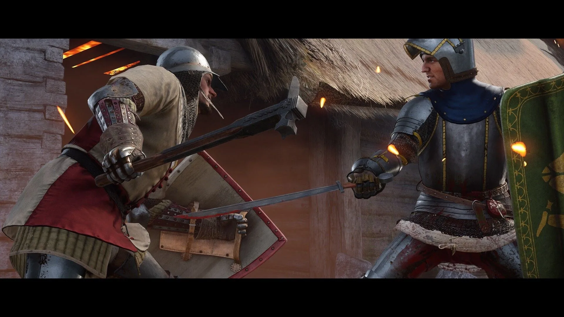 Henry trong bộ giáp nặng đang đối thoại với một nhân vật NPC ở làng trong Kingdom Come Deliverance 2.