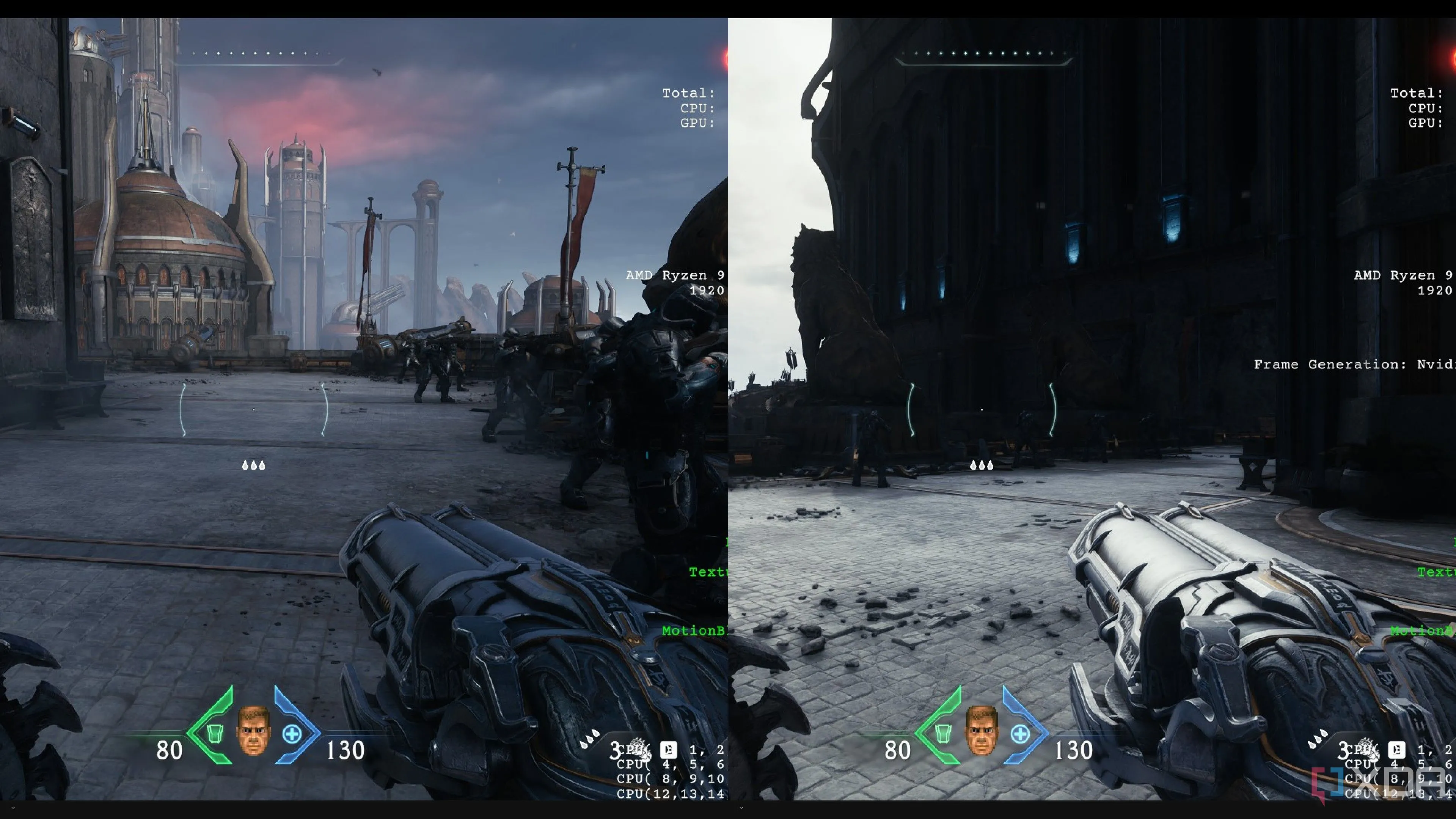 Hiệu ứng của Ray Tracing Global Illumination lên khẩu súng trong Doom The Dark Ages, minh họa sự thay đổi ánh sáng chi tiết trong engine id Tech 8