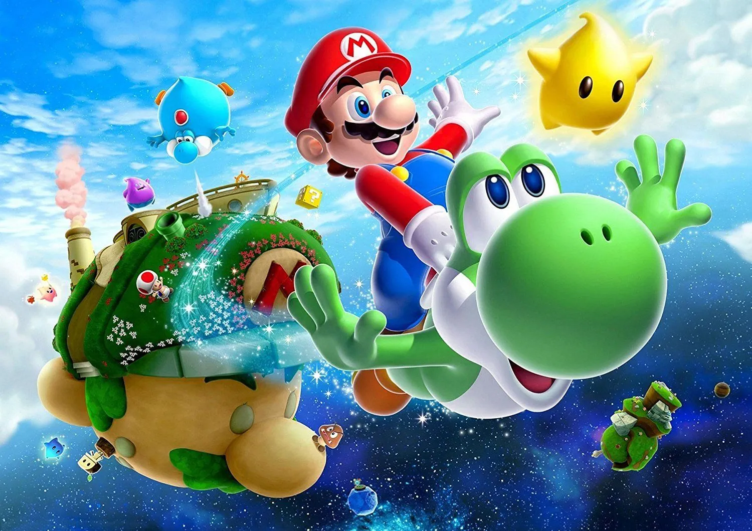 Hình ảnh artwork Super Mario Galaxy 2 với sự xuất hiện của Yoshi, thể hiện sự đa dạng và liên tục đổi mới của Mario