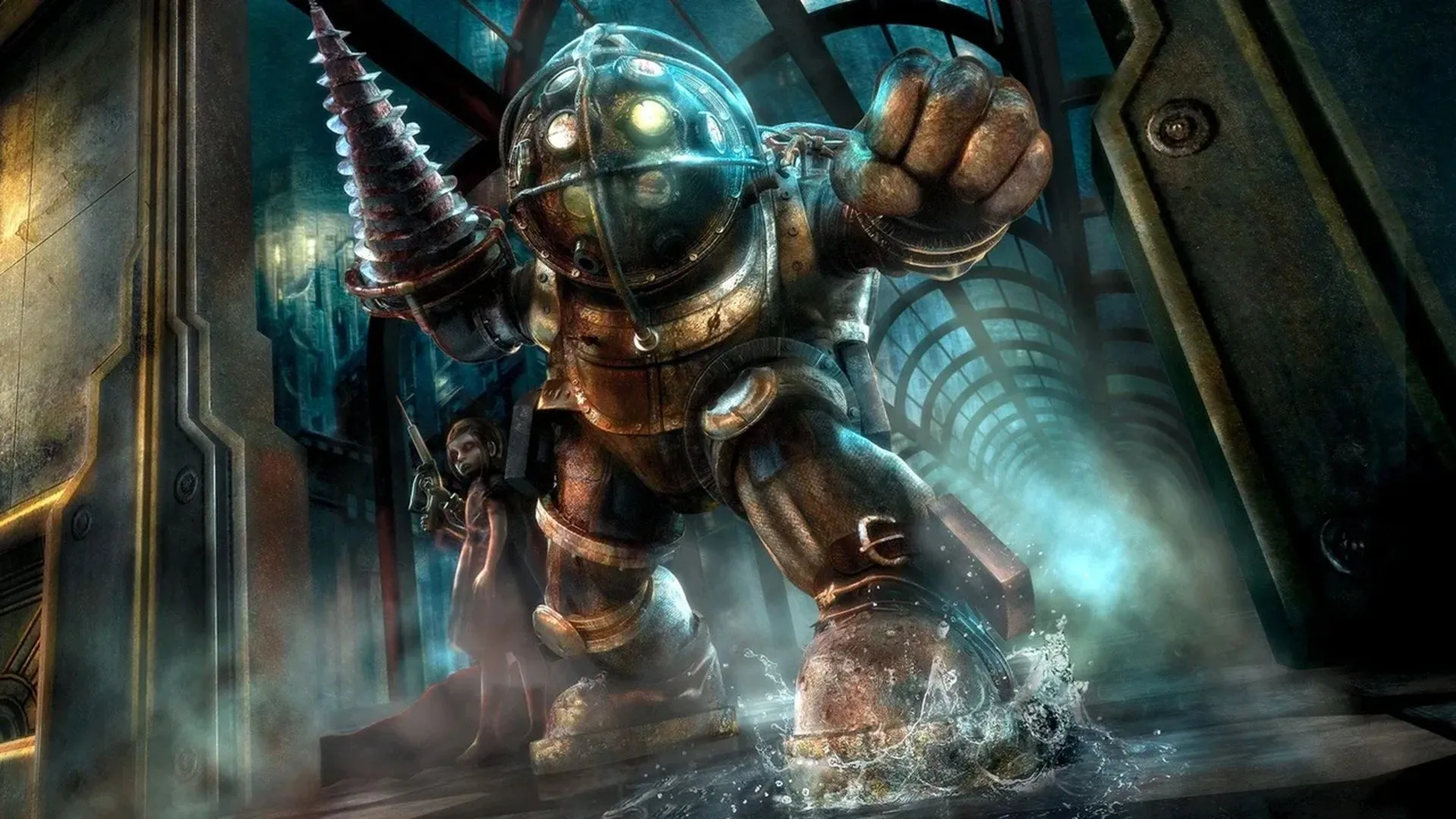 Hình ảnh bìa của trò chơi BioShock trên nền đen, với nhân vật Big Daddy khổng lồ cầm khoan và một Little Sister nhỏ bé đứng bên cạnh.