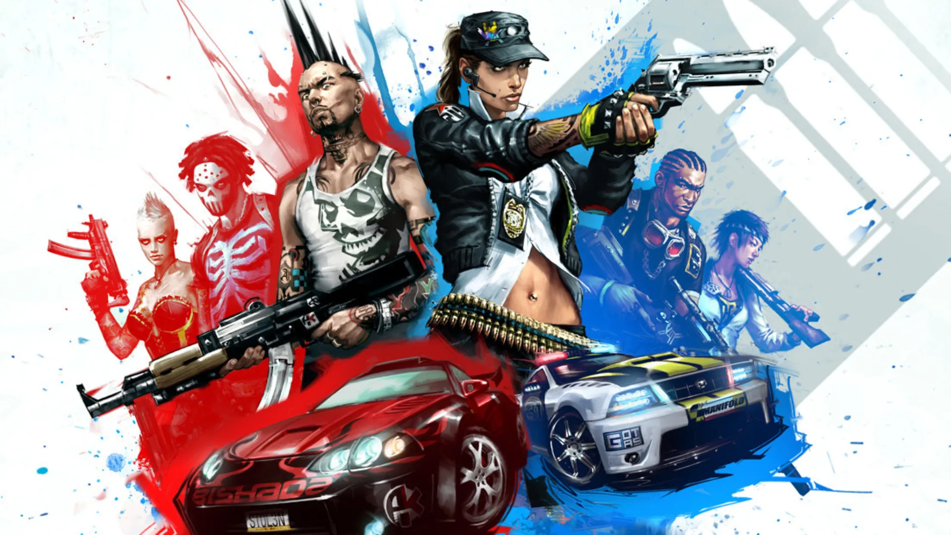 Hình ảnh bìa game APB: All Points Bulletin, minh họa cuộc chiến giữa cảnh sát và tội phạm trong thành phố San Paro.