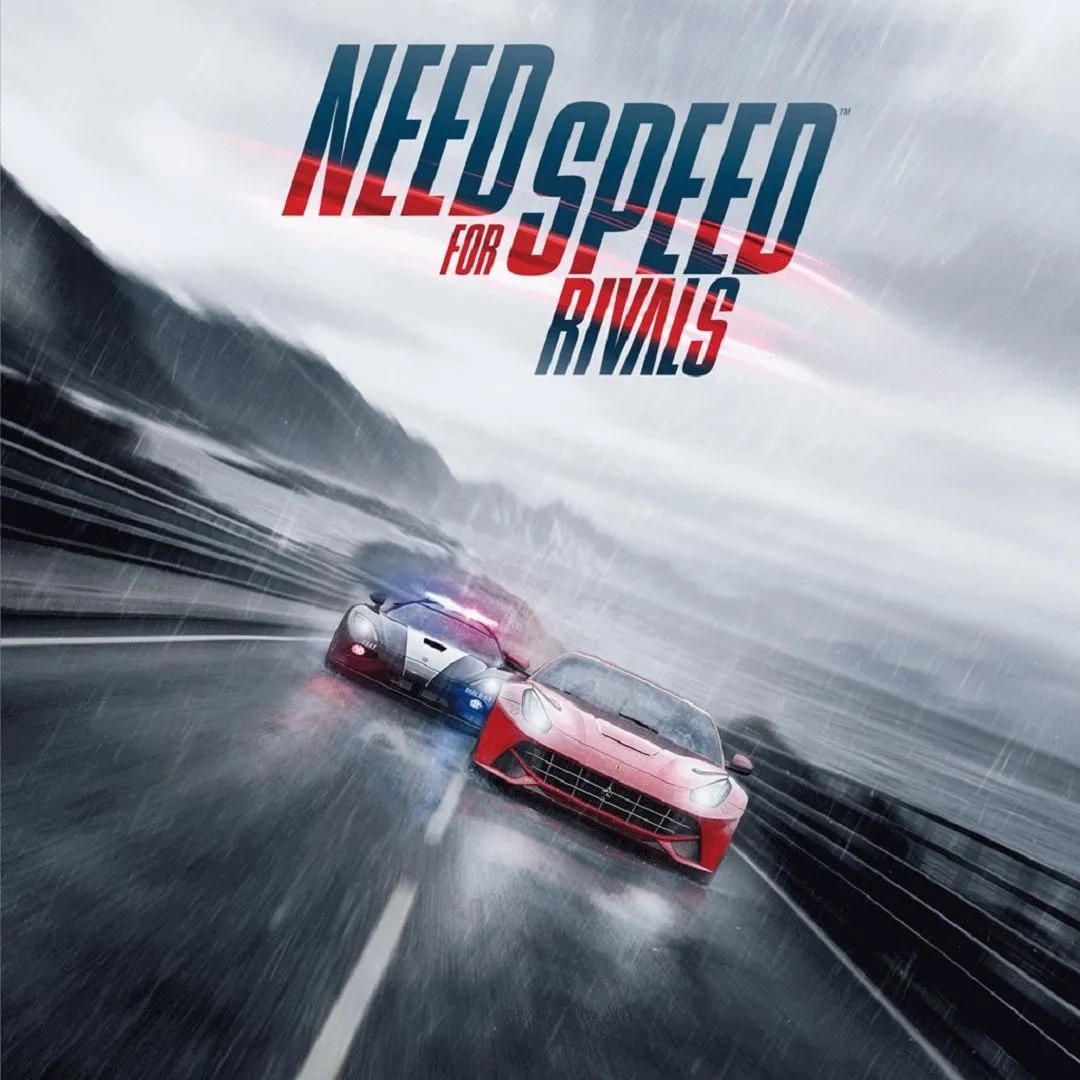Hình ảnh bìa game Need for Speed Rivals, thể hiện cuộc truy đuổi tốc độ cao giữa cảnh sát và tay đua