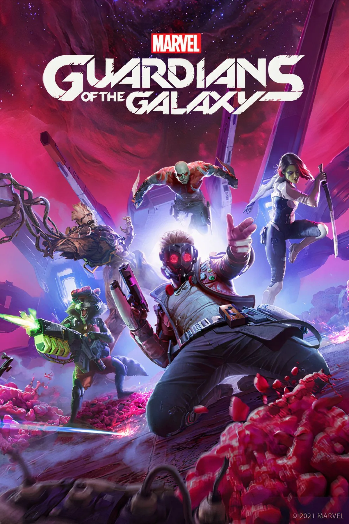 Hình ảnh các nhân vật chính trong game Marvel's Guardians of the Galaxy với đồ họa đẹp mắt, minh họa nội dung cốt truyện xuất sắc.