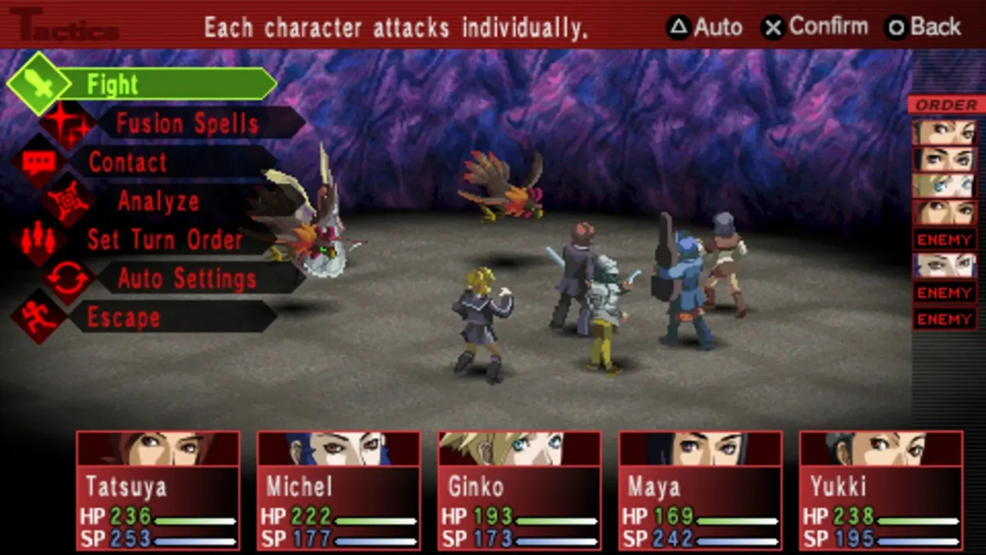 Hình ảnh chiến đấu trong game nhập vai Shin Megami Tensei Persona 2 Innocent Sin trên hệ máy PSP