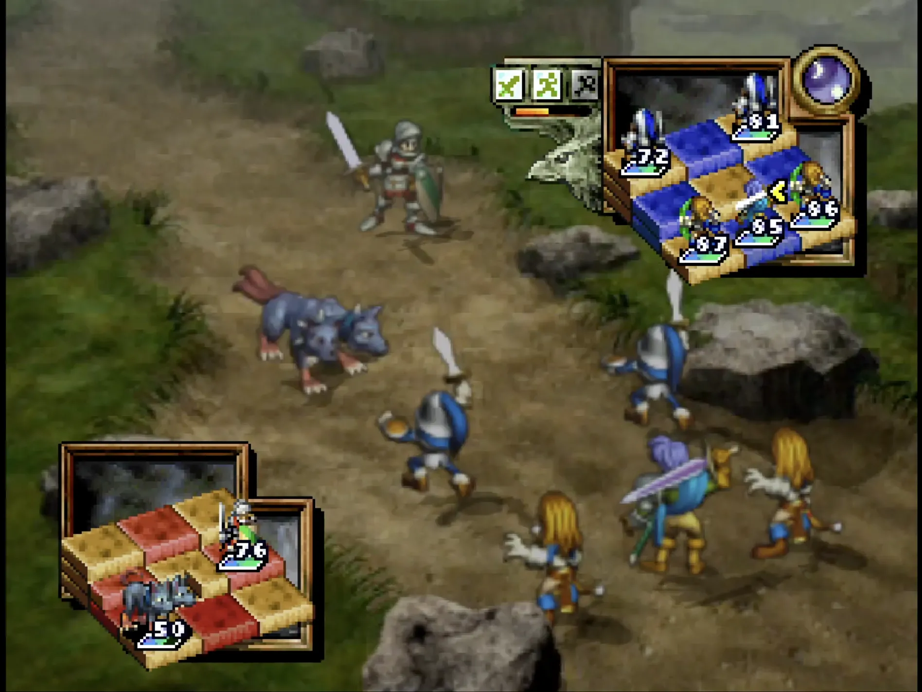 Hình ảnh chiến trường của game nhập vai chiến thuật Ogre Battle 64 trên Nintendo 64, cho thấy các đơn vị quân đội đang đối đầu.