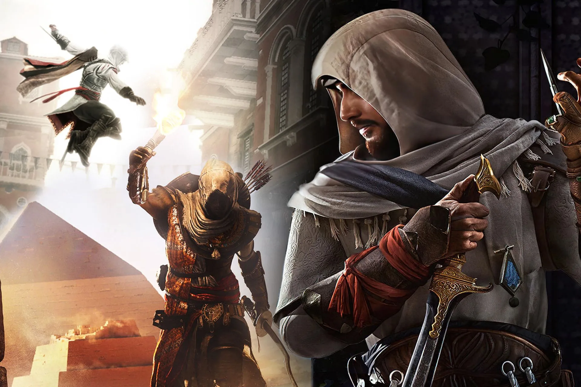 Hình ảnh collage các nhân vật biểu tượng của series Assassin's Creed như Ezio, Bayek và Basim, minh họa sự tự do sáng tạo trong cốt truyện