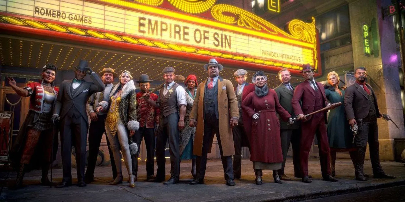 Hình ảnh của Empire of Sin bên ngoài một nhà hát với tên game