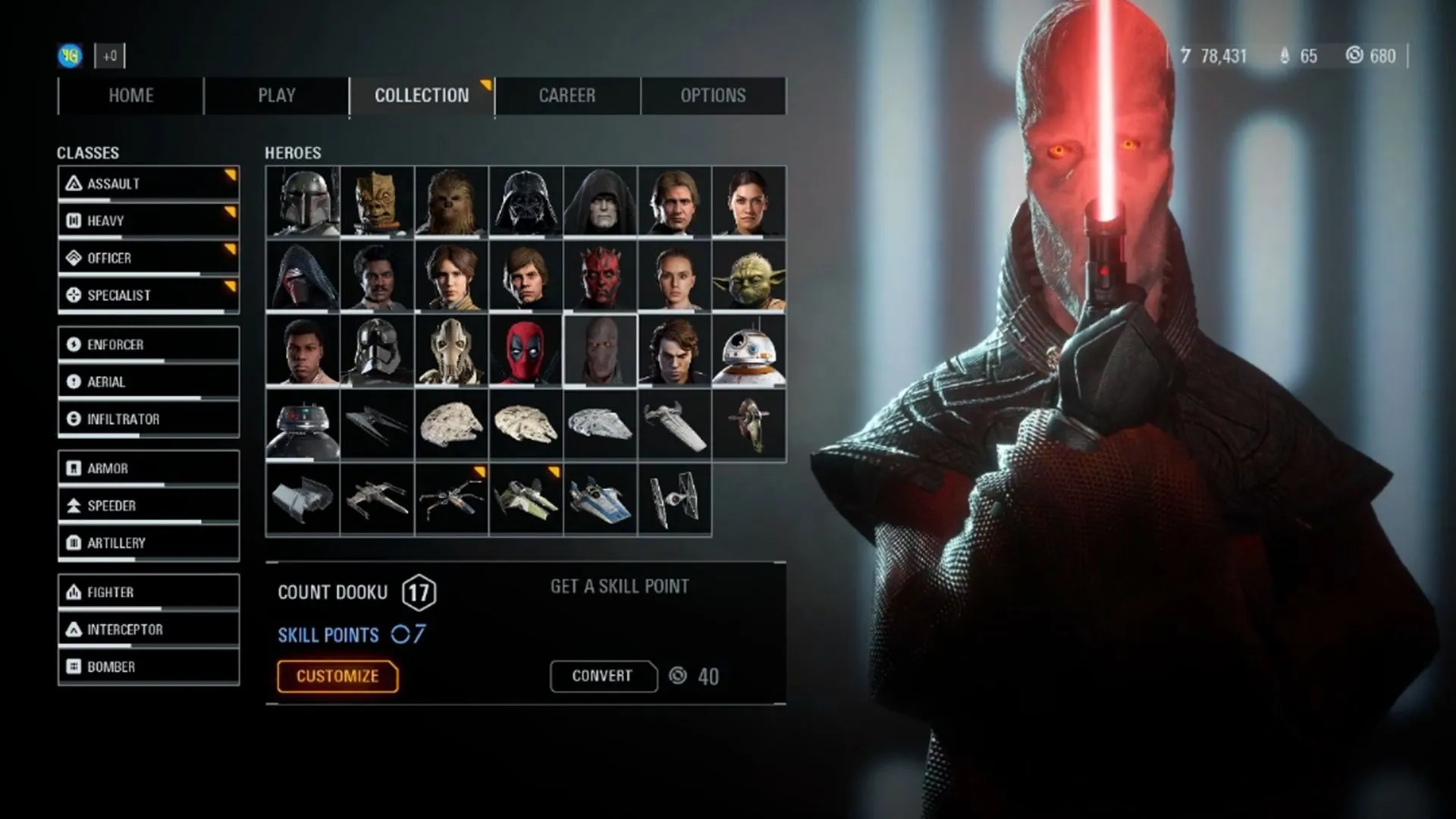 Hình ảnh Darth Plagueis từ một bản mod trong game Star Wars Battlefront 2, thể hiện sự xuất hiện của nhân vật này trong cộng đồng game thủ.