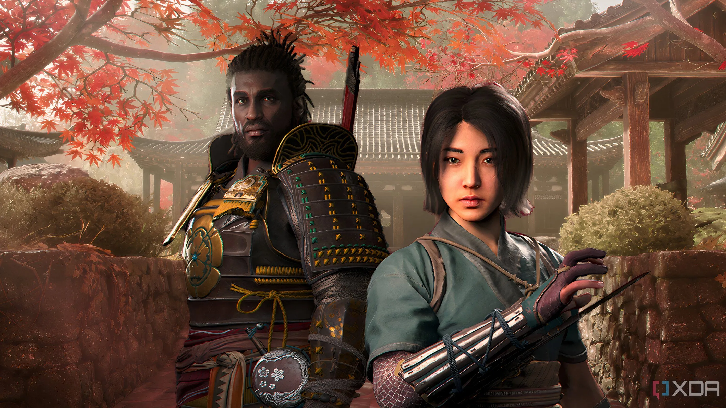 Hình ảnh Fujibayashi Naoe và Yasuke trước những hàng cây đỏ và kiến trúc Nhật Bản