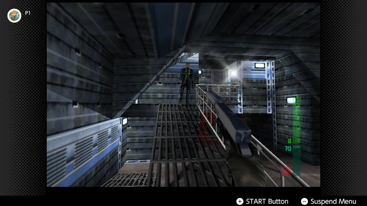 Hình ảnh game bắn súng góc nhìn thứ nhất Perfect Dark trên Nintendo 64, hiển thị nhân vật Joanna Dark trong một môi trường khoa học viễn tưởng với vũ khí.