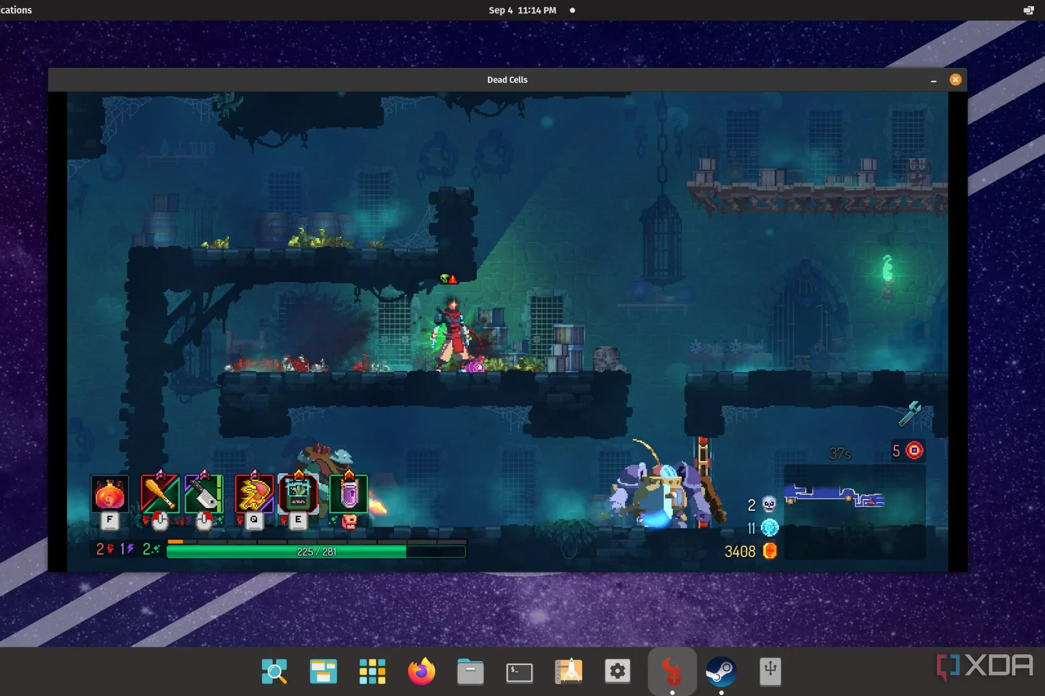 Hình ảnh game Dead Cells đang chạy mượt mà trên hệ điều hành Pop!_OS (một bản phân phối Linux)