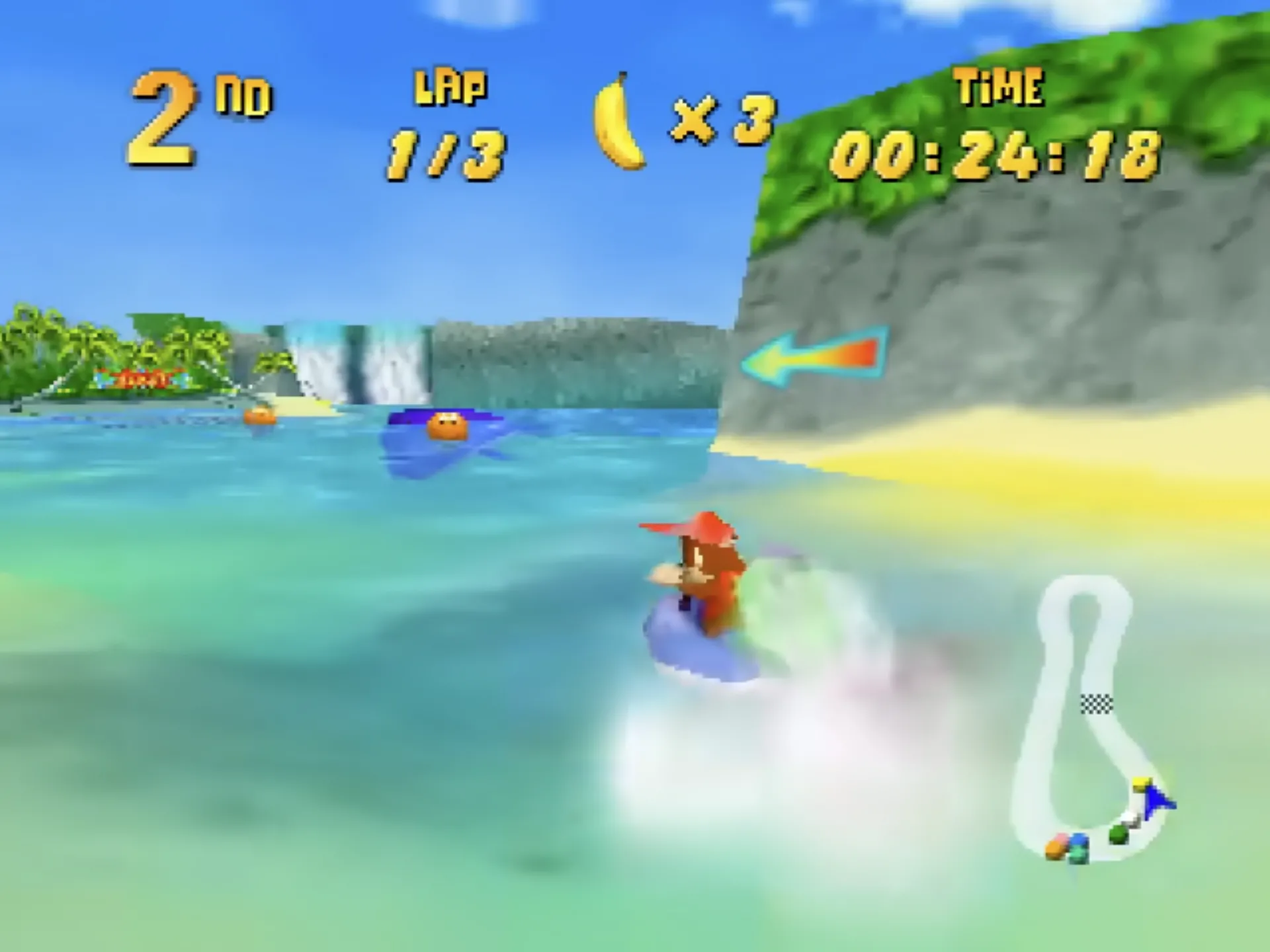 Hình ảnh game đua xe Diddy Kong Racing trên Nintendo 64, với Diddy Kong và các nhân vật khác trên đường đua đầy màu sắc.