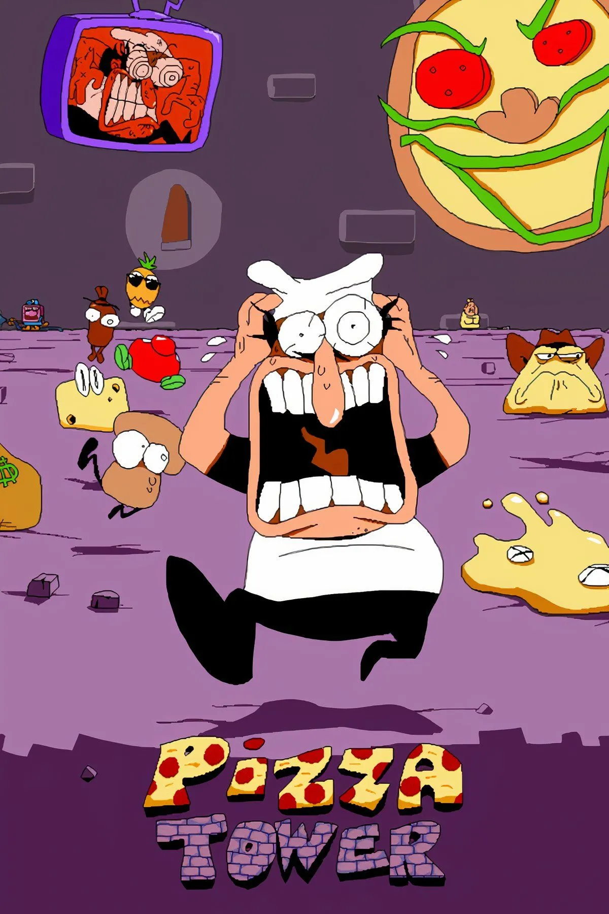 Hình ảnh gameplay nhanh của Pizza Tower, với đầu bếp Peppino Spaghetti đang chạy và tấn công theo phong cách hoạt hình thập niên 90.