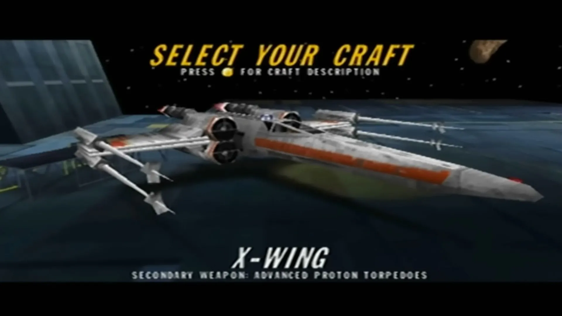 Hình ảnh gameplay từ Star Wars Rogue Squadron, hiển thị phi thuyền X-wing trong không gian chiến đấu, thể hiện lối chơi bắn súng arcade.