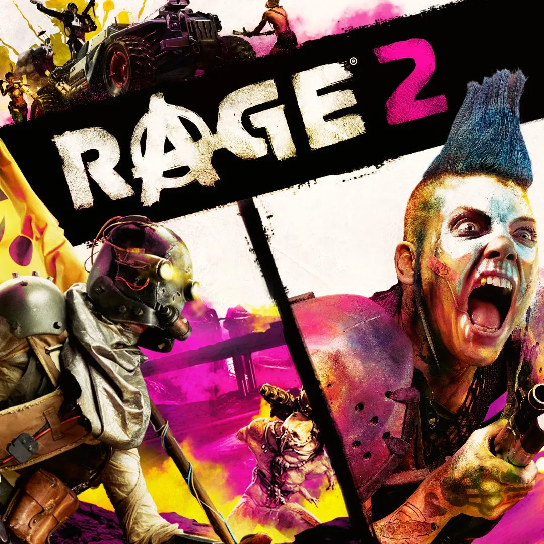Hình ảnh giới thiệu game Rage 2 với nhân vật chính đang sử dụng súng giữa cảnh hoang tàn và hiệu ứng cháy nổ đầy màu sắc