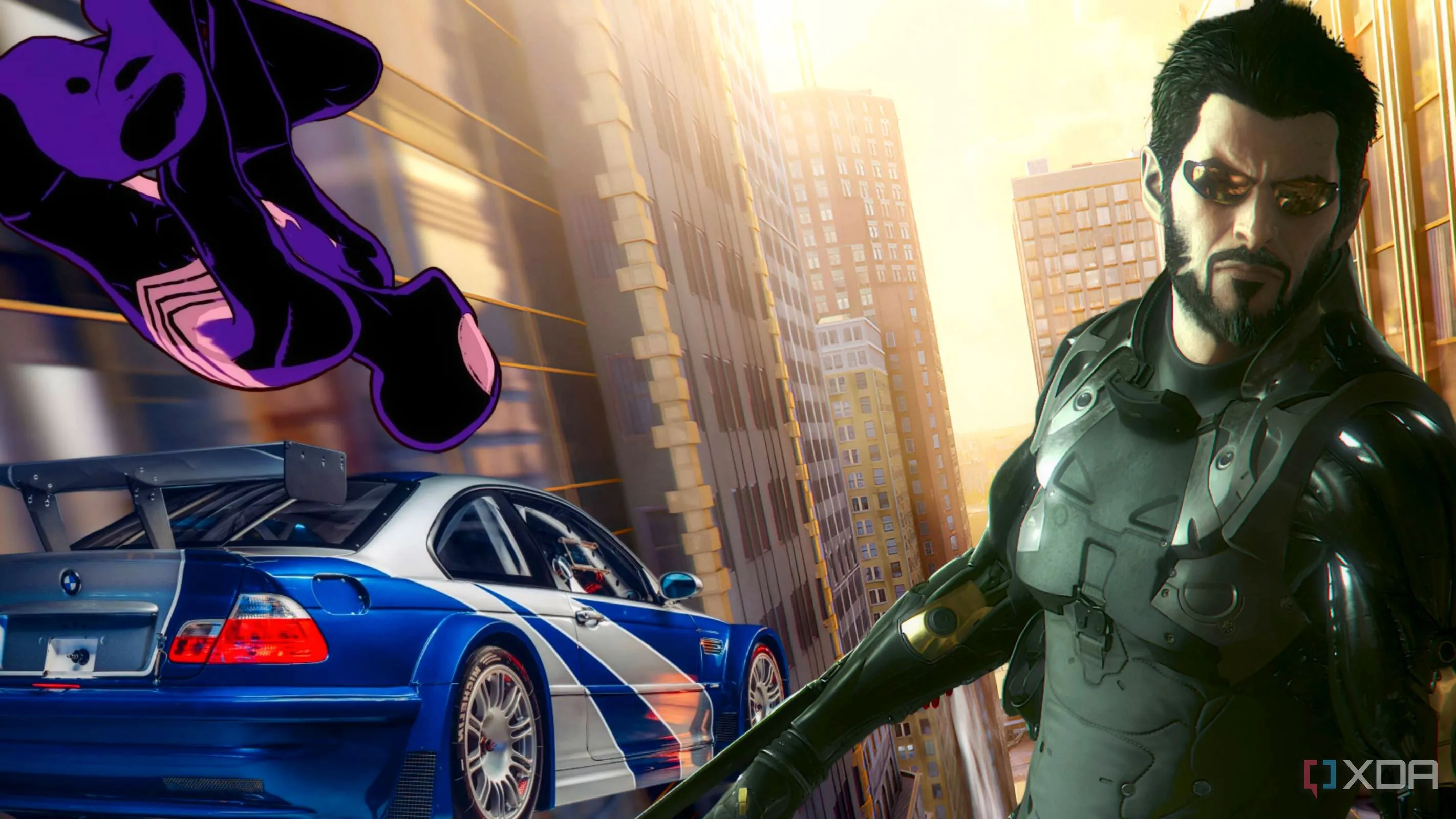 Hình ảnh kết hợp BMW, Spider-Man tím và Adam Jensen từ Deus Ex
