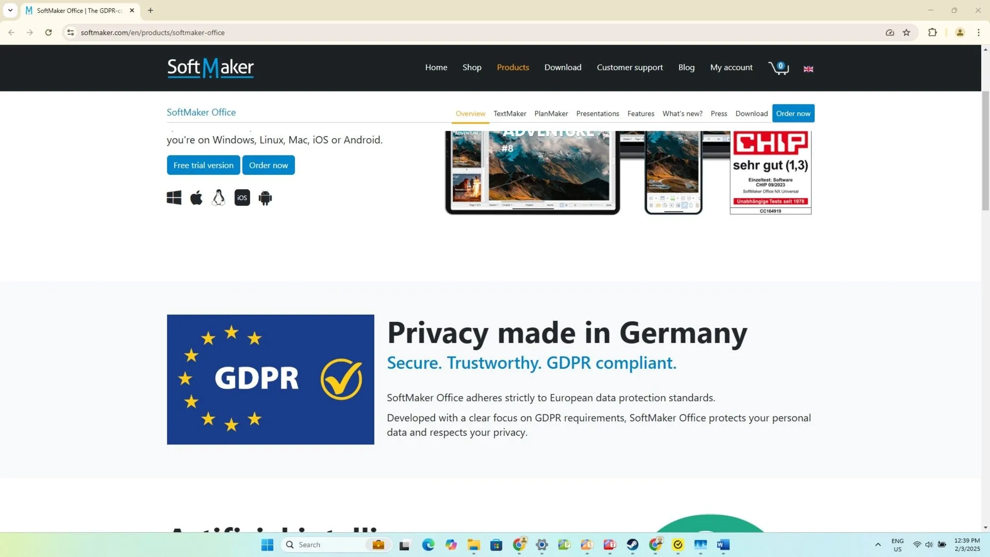 Hình ảnh minh họa FreeOffice tuân thủ GDPR, nhấn mạnh yếu tố bảo mật và quyền riêng tư