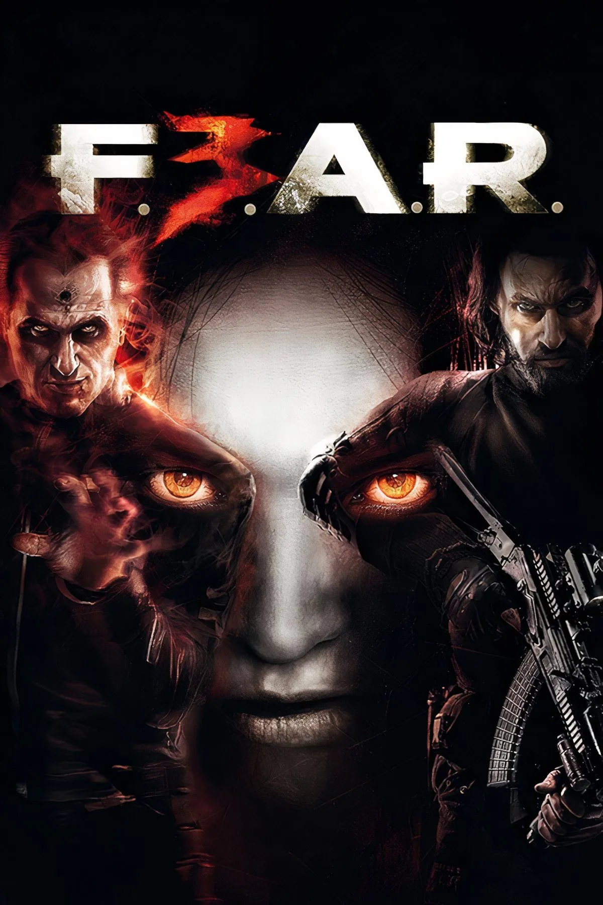 Hình ảnh minh họa game F.E.A.R. với cảnh nhân vật chính và một nhân vật khác đang chiến đấu trong môi trường tối tăm, mờ ảo