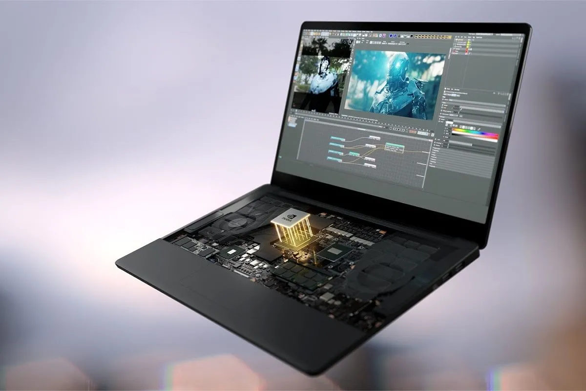 Hình ảnh minh họa GPU NVIDIA RTX bên trong laptop, nhấn mạnh sự khác biệt giữa phiên bản mobile và desktop