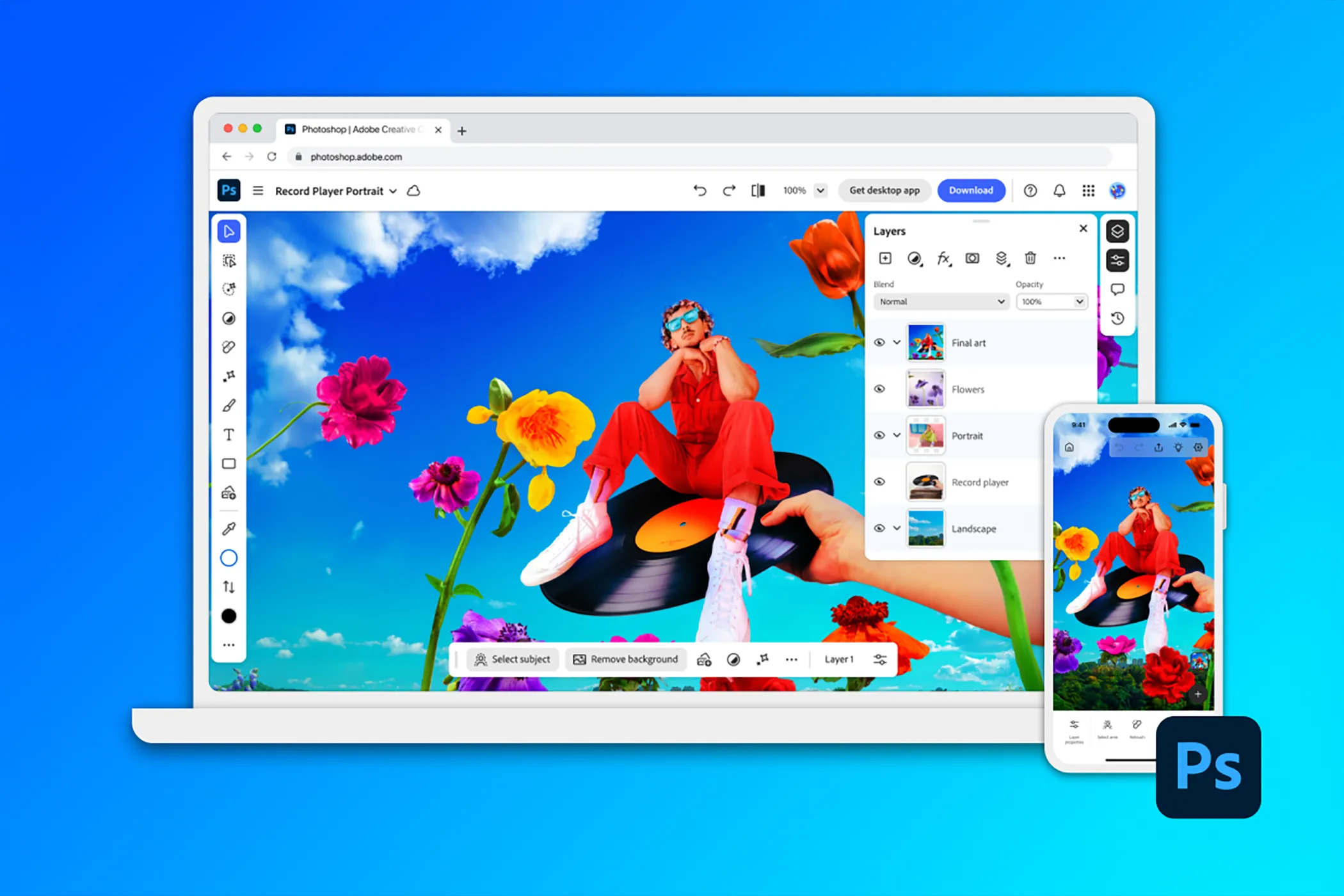 Hình ảnh minh họa Photoshop trên nền tảng web trên laptop và Photoshop Mobile trên iPhone