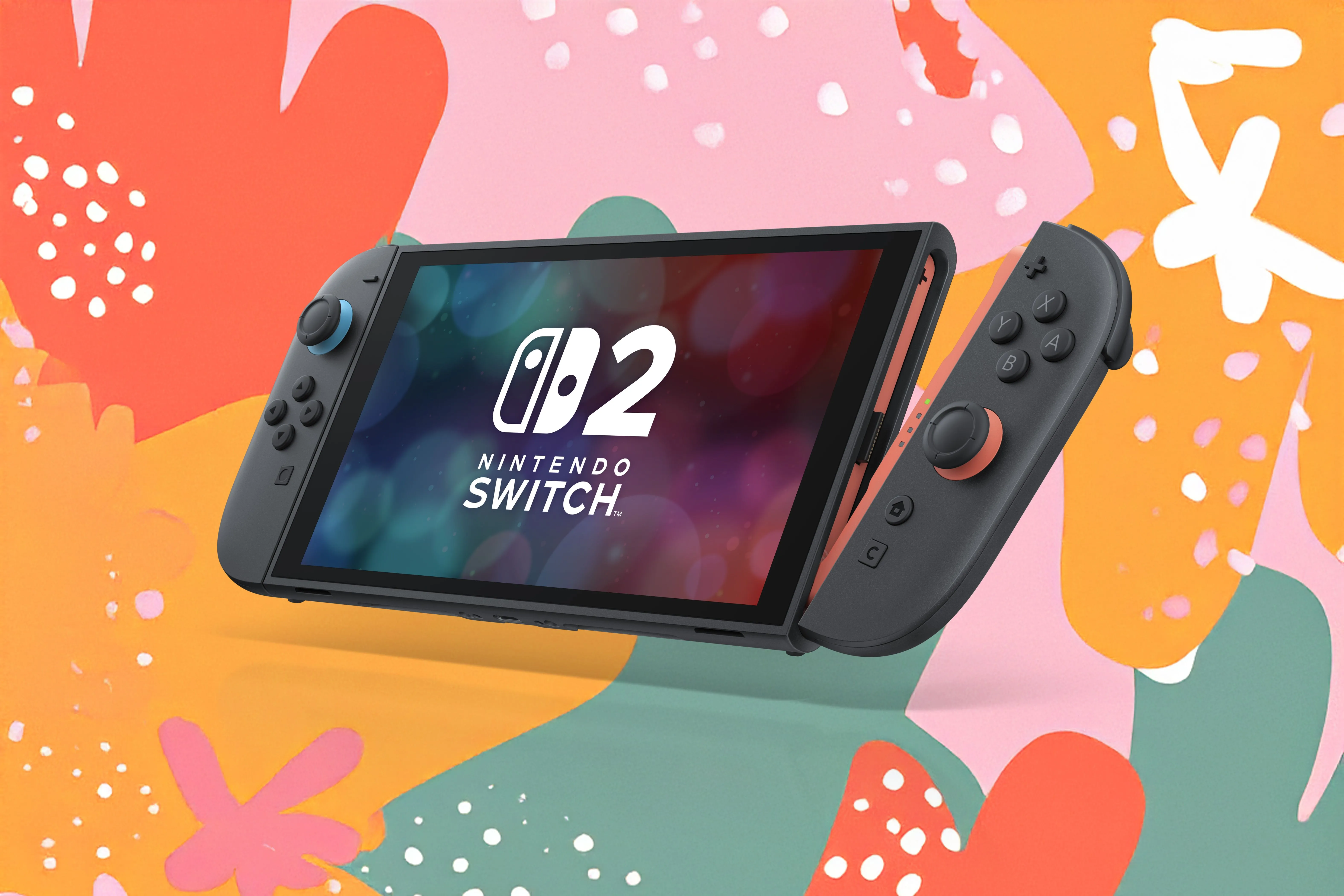 Hình ảnh một chiếc Nintendo Switch 2 với tay cầm Joy-Con 2 đang được tháo ra, đặt trên nền màu sắc rực rỡ, tượng trưng cho thế hệ console mới đầy tiềm năng.