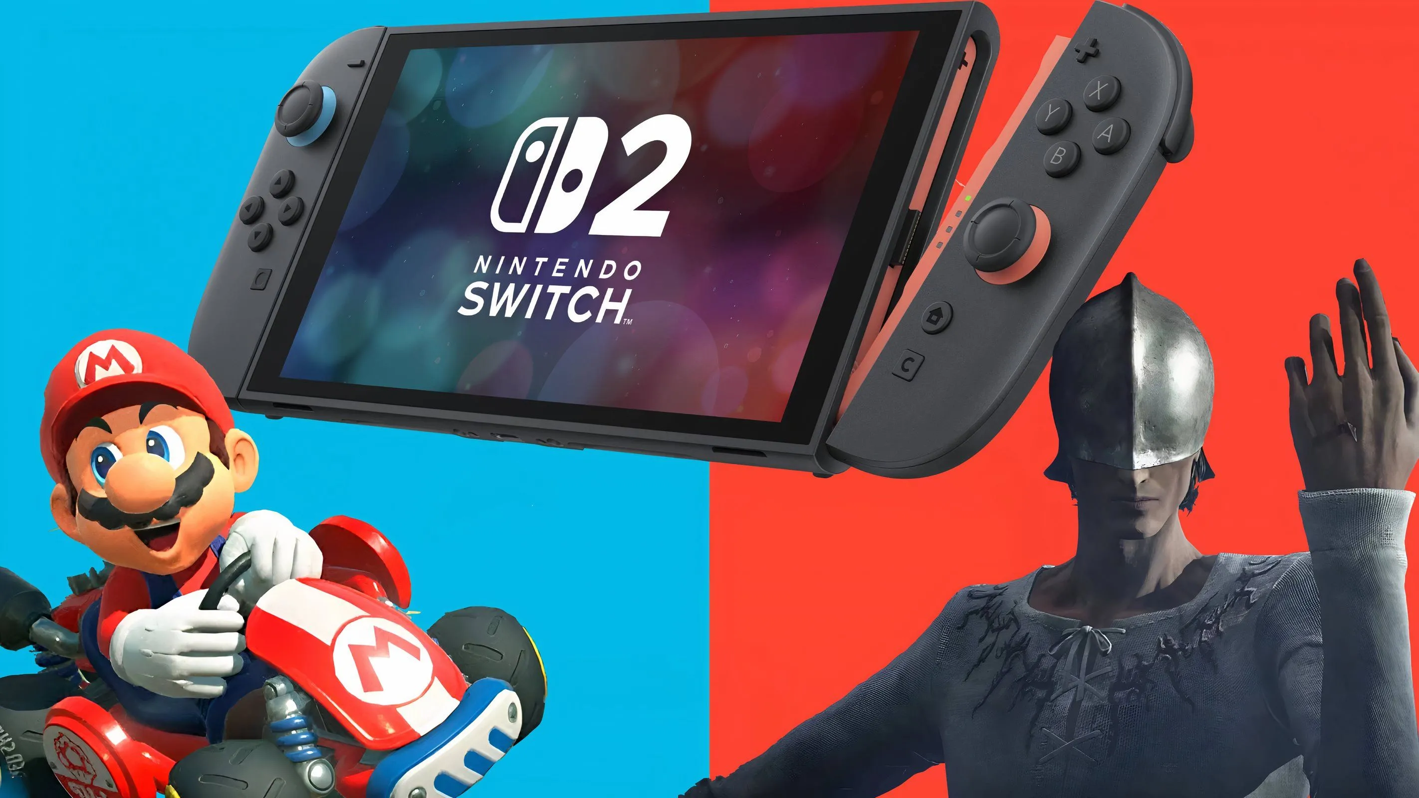 Hình ảnh phác thảo Nintendo Switch 2 bên cạnh Mario và một nhân vật game khác