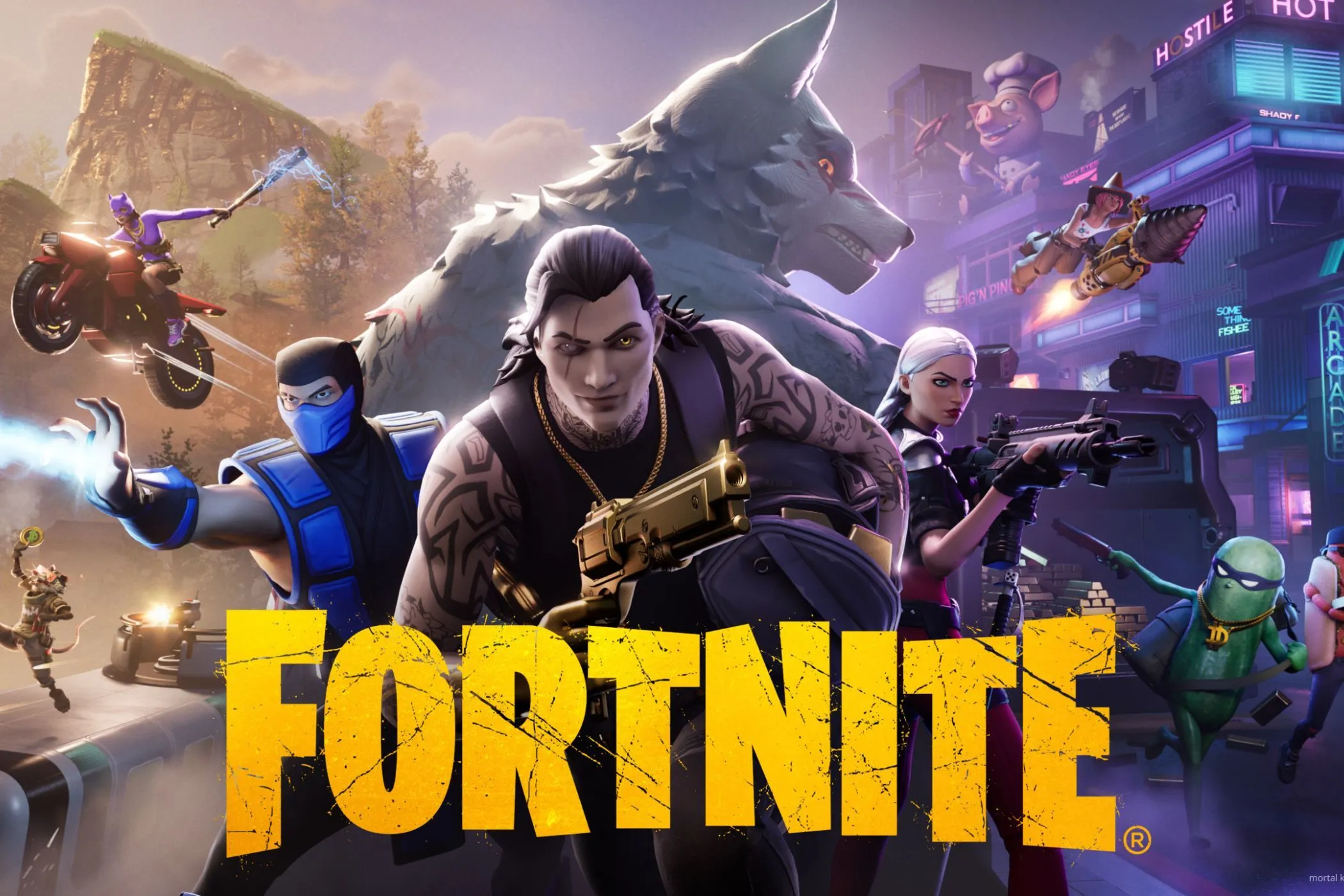 Hình ảnh quảng bá game Fortnite với các chiến binh và những chú sói, minh họa sự đa dạng nội dung