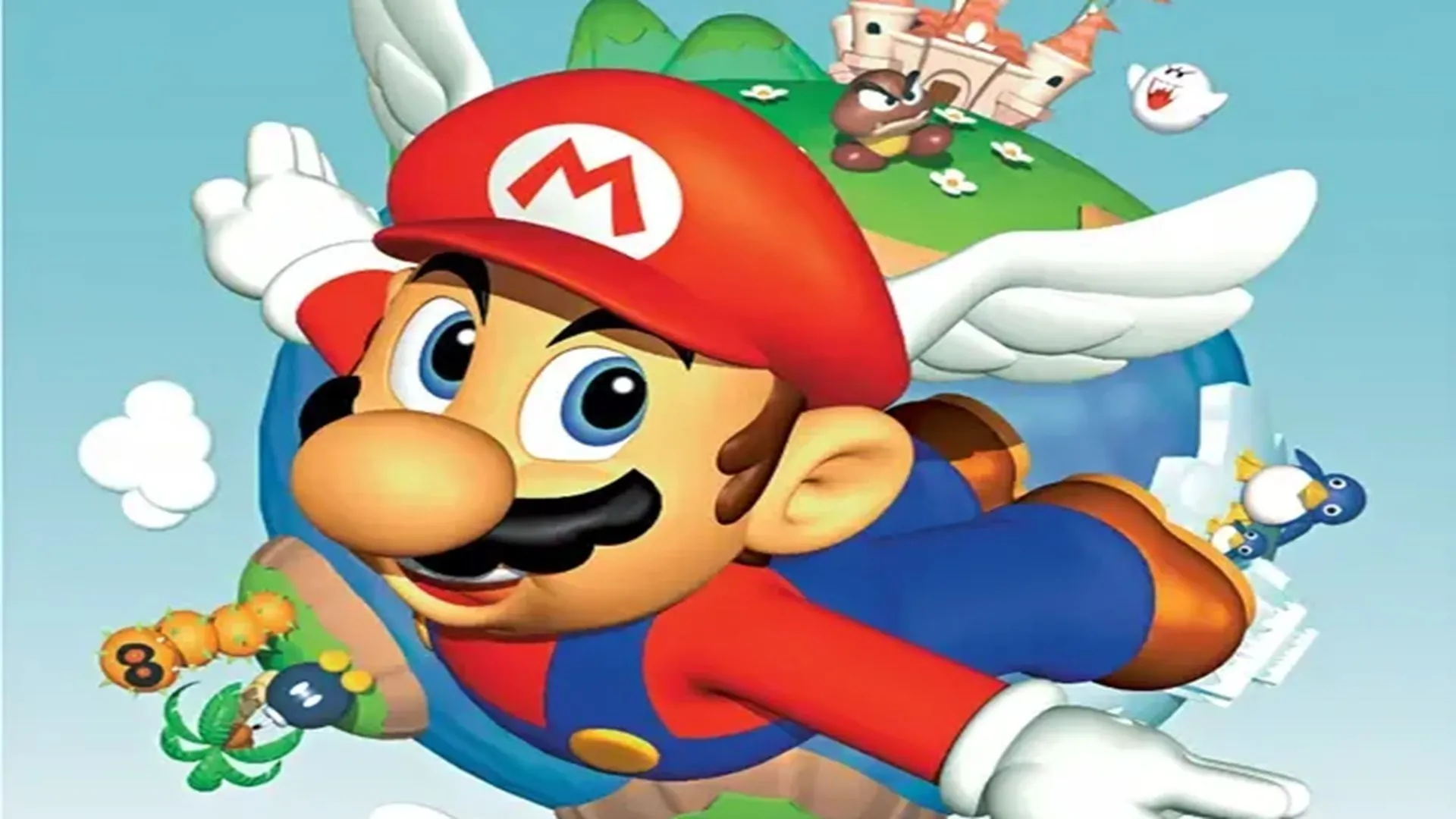 Hình ảnh quảng bá game Super Mario 64 trên Nintendo 64, một trong những game 3D tiên phong cùng thời với The Legend of Zelda.
