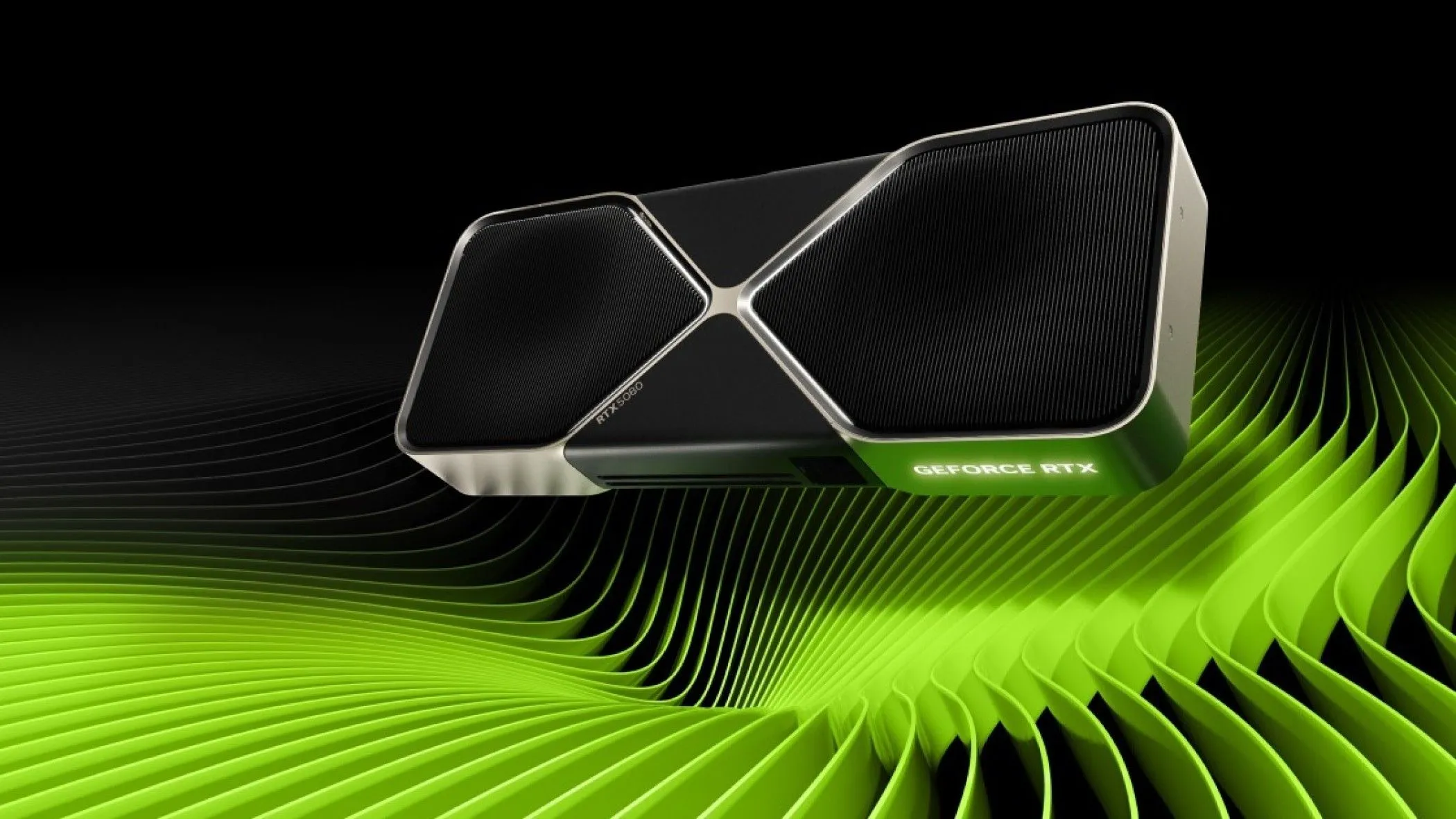 Hình ảnh render marketing của card đồ họa GeForce RTX 5080, đại diện cho việc giảm băng thông bộ nhớ
